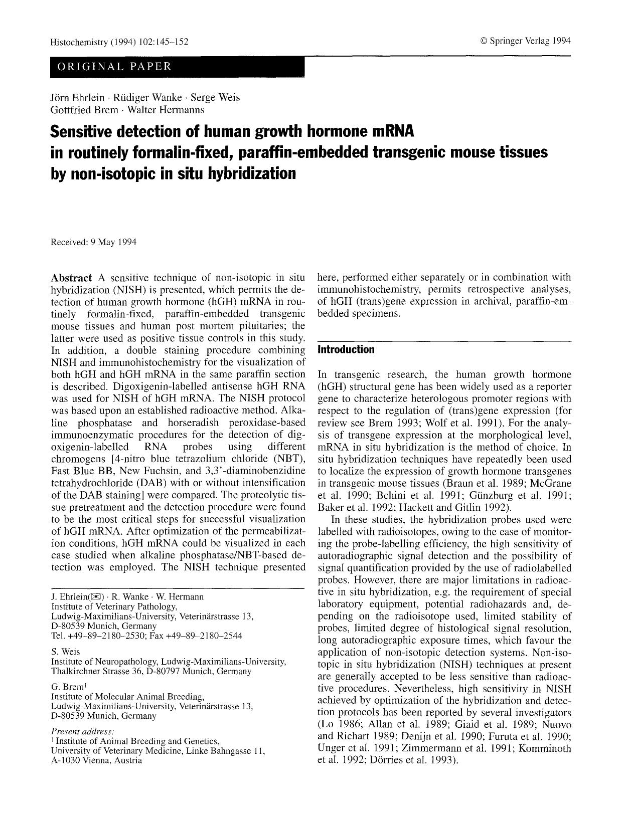 Sensitive detection of human growth hormone mRNA in routinely formalin-fixed, paraffin-embedded transgenic mouse tissues by non-isotopic in situ hybridization by Unknown