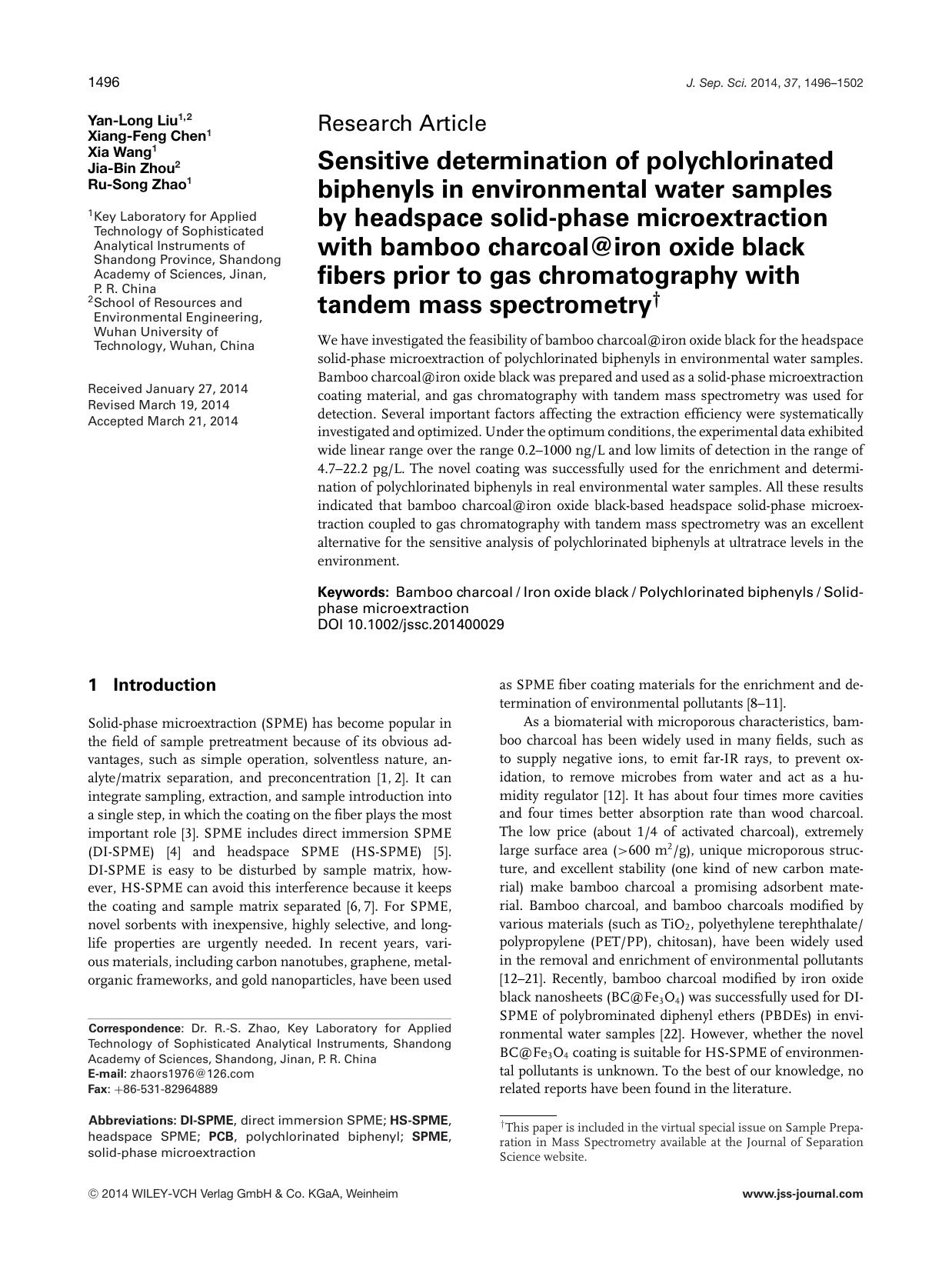 Sensitive determination of polychlorinated biphenyls in environmental water samples by headspace solid‐phase microextraction with bamboo charcoal@iron oxide black f by Unknown