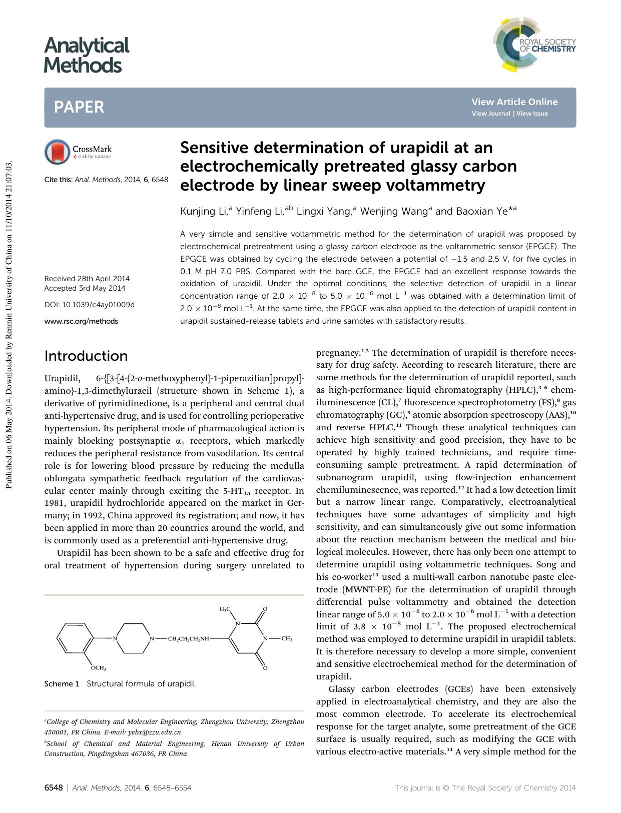 Sensitive determination of urapidil at an electrochemically pretreated glassy carbon electrode by linear sweep voltammetry by Kunjing Li & Yinfeng Li & Lingxi Yang & Wenjing Wang & Baoxian Ye