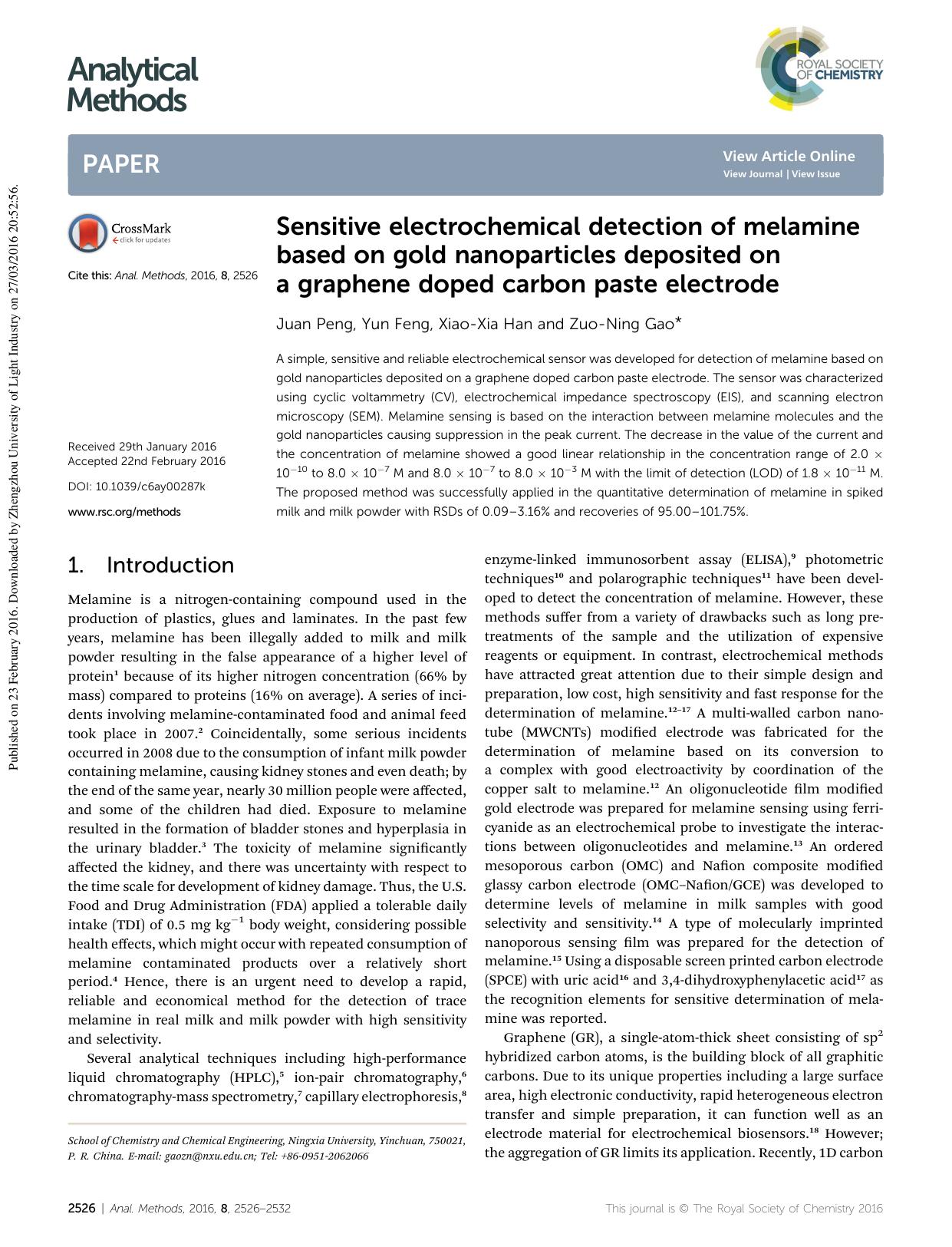 Sensitive electrochemical detection of melamine based on gold nanoparticles deposited on a graphene doped carbon paste electrode by Juan Peng & Yun Feng & Xiao-Xia Han & Zuo-Ning Gao