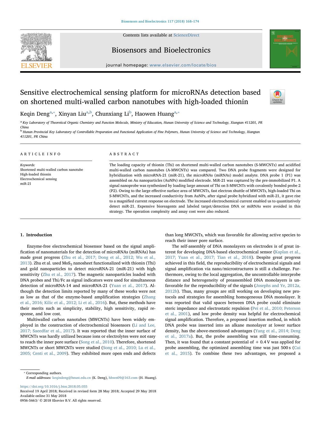 Sensitive electrochemical sensing platform for microRNAs detection based on shortened multi-walled carbon nanotubes with high-loaded thionin by Keqin Deng & Xinyan Liu & Chunxiang Li & Haowen Huang