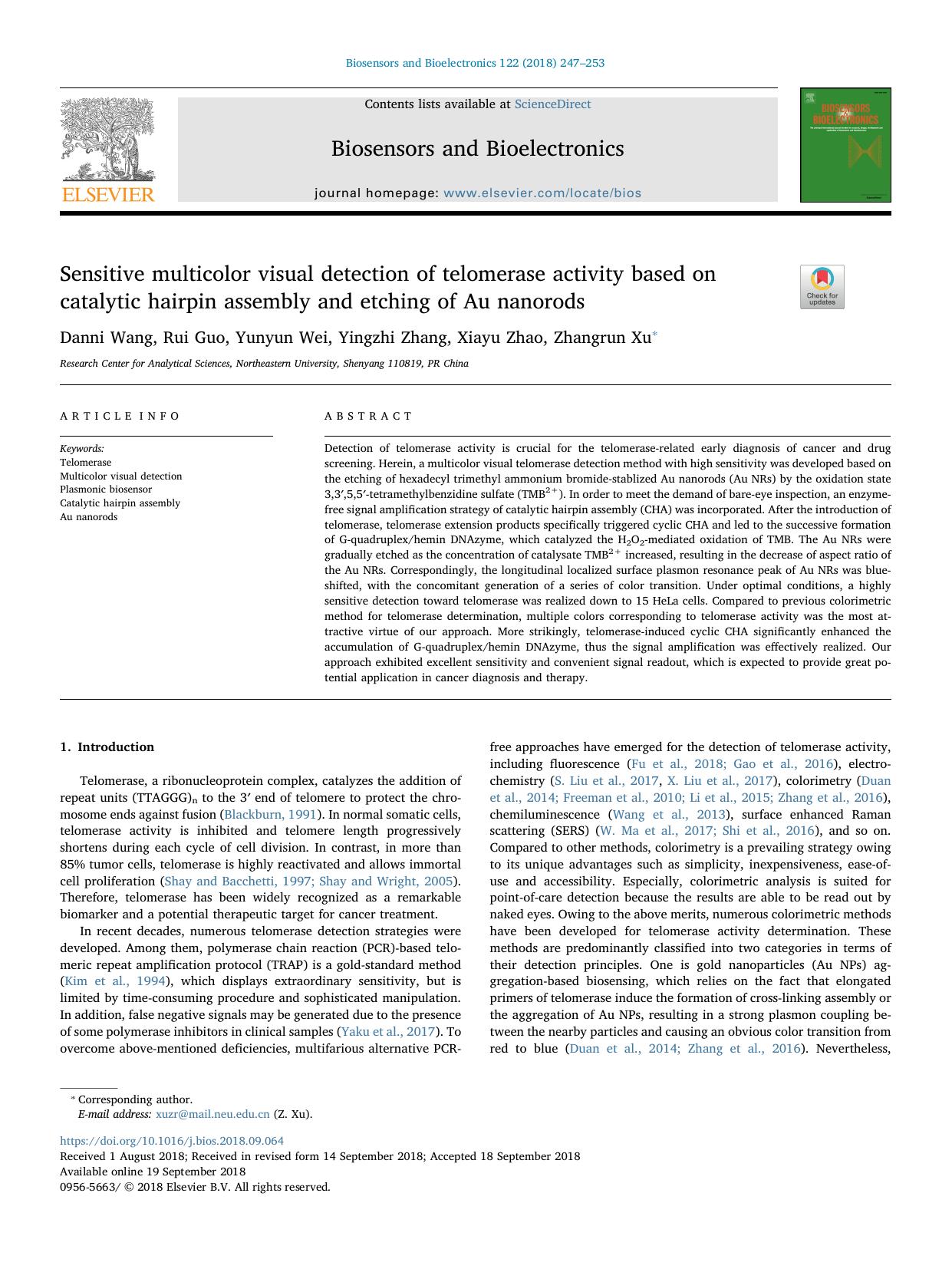 Sensitive multicolor visual detection of telomerase activity based on catalytic hairpin assembly and etching of Au nanorods by Danni Wang & Rui Guo & Yunyun Wei & Yingzhi Zhang & Xiayu Zhao & Zhangrun Xu