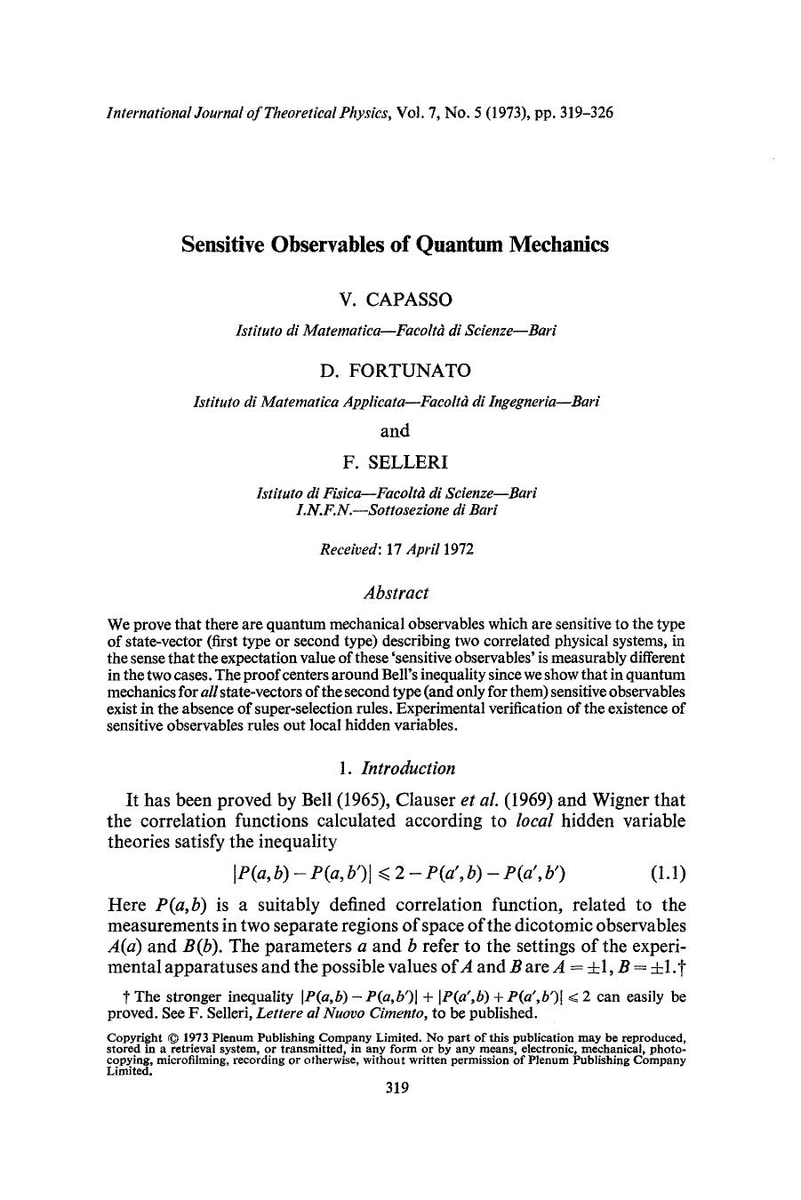 Sensitive observables of quantum mechanics by Unknown