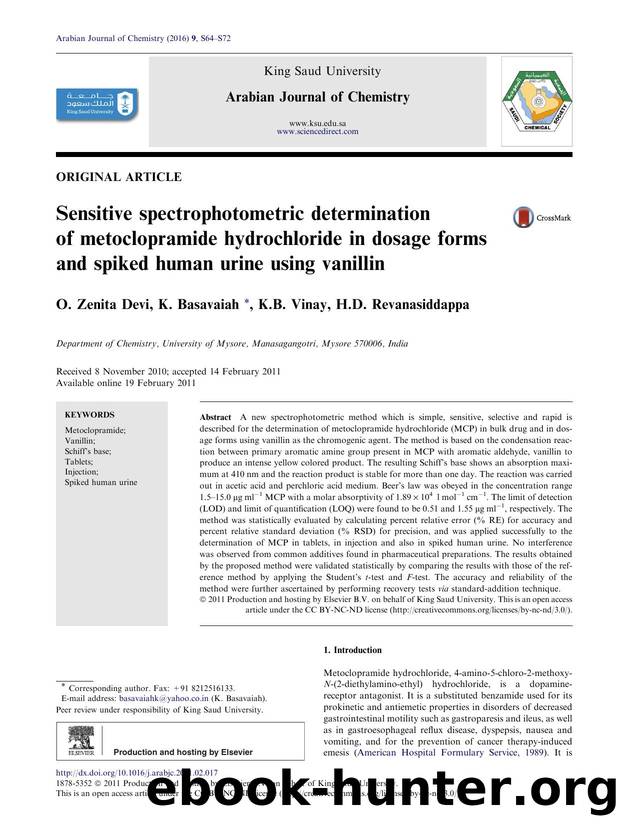 Sensitive spectrophotometric determination of metoclopramide hydrochloride in dosage forms and spiked human urine using vanillin by O. Zenita Devi & K. Basavaiah & K.B. Vinay & H.D. Revanasiddappa