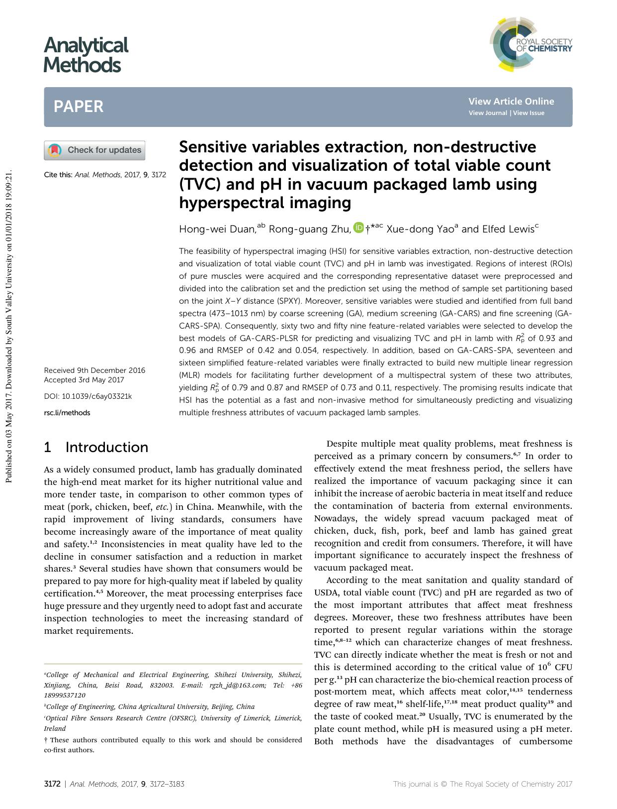 Sensitive variables extraction, non-destructive detection and visualization of total viable count (TVC) and pH in vacuum packaged lamb using hyperspectral imaging by Hong-wei Duan & Rong-guang Zhu & Xue-dong Yao & Elfed Lewis