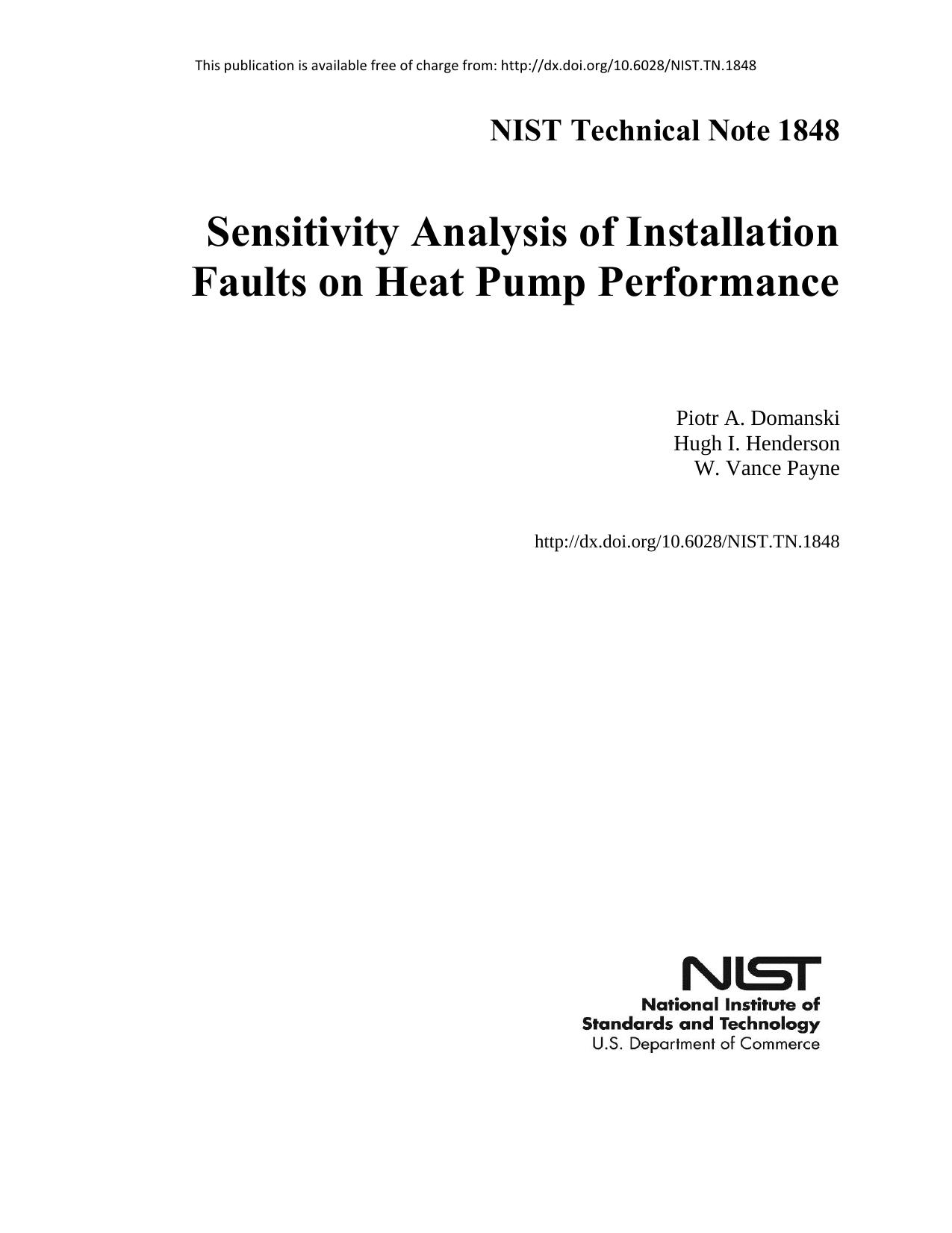 Sensitivity Analysis of Installation Faults on Heat Pump Performance by Piotr A. Domanski Hugh I. Henderson W. Vance Payne