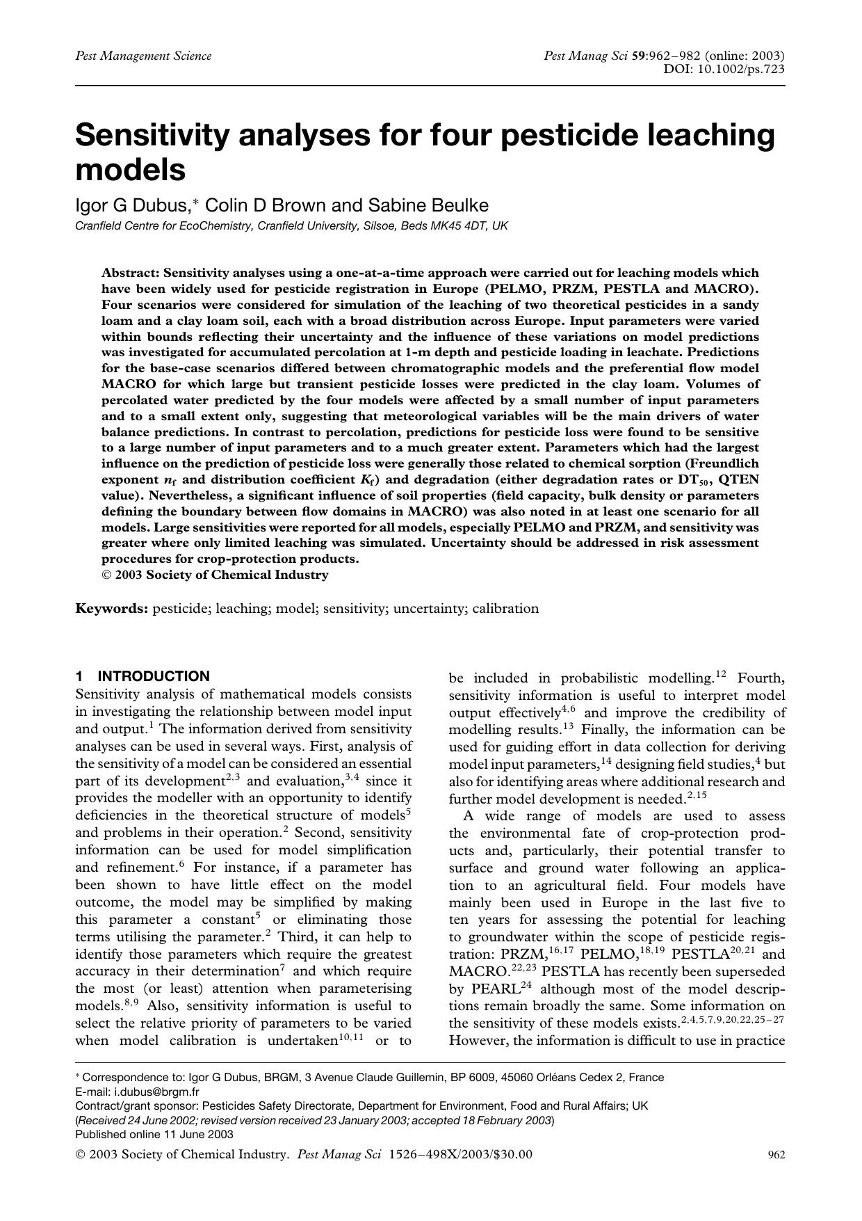 Sensitivity analyses for four pesticide leaching models by Unknown