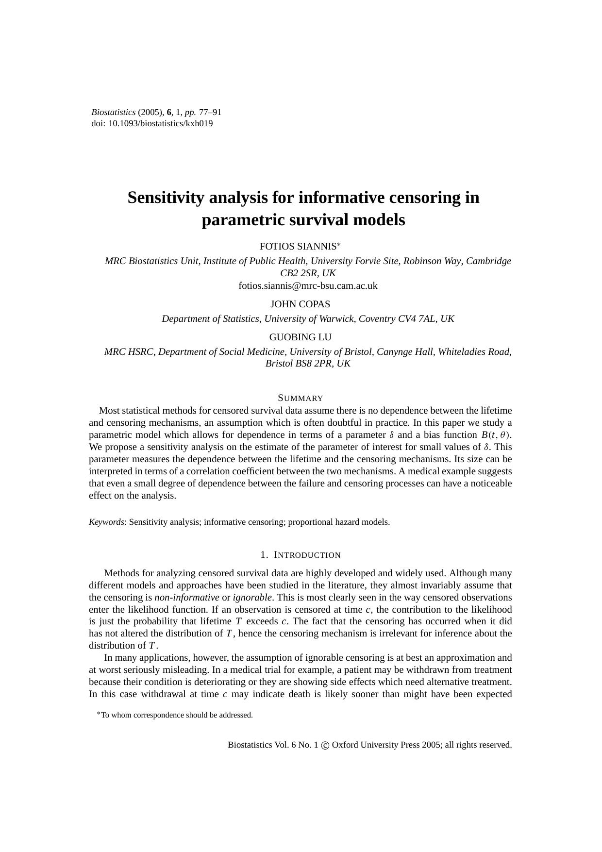 Sensitivity analysis for informative censoring in parametric survival models (2005)(en)(15s) by Siannis F