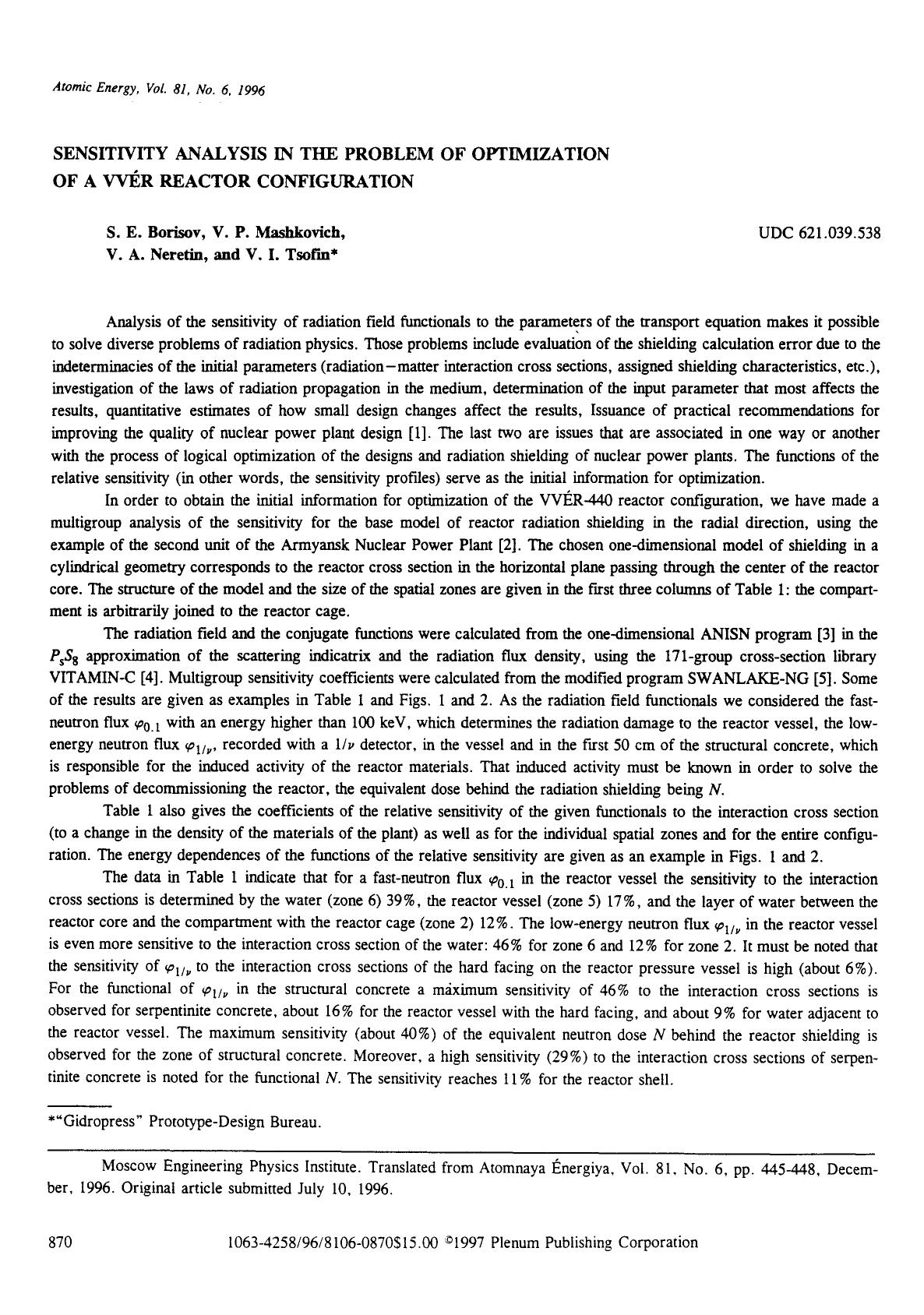 Sensitivity analysis in the problem of optimization of a VVÉR reactor configuration by Unknown