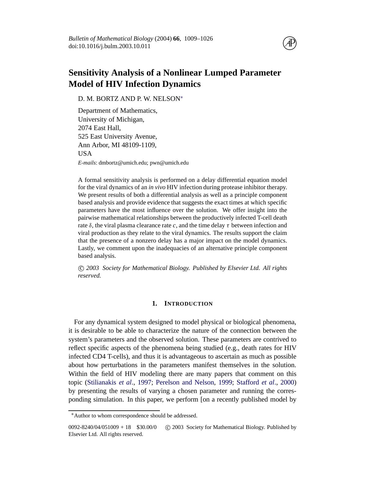 Sensitivity analysis of a nonlinear lumped parameter model of HIV infection dynamics by Unknown