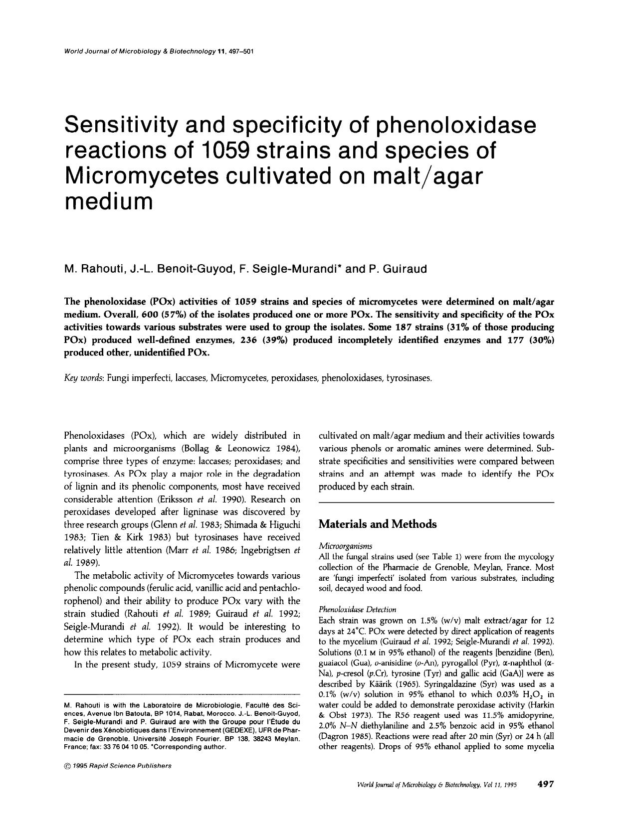 Sensitivity and specificity of phenoloxidase reactions of 1059 strains and species of Micromycetes cultivated on maltagar medium by Unknown