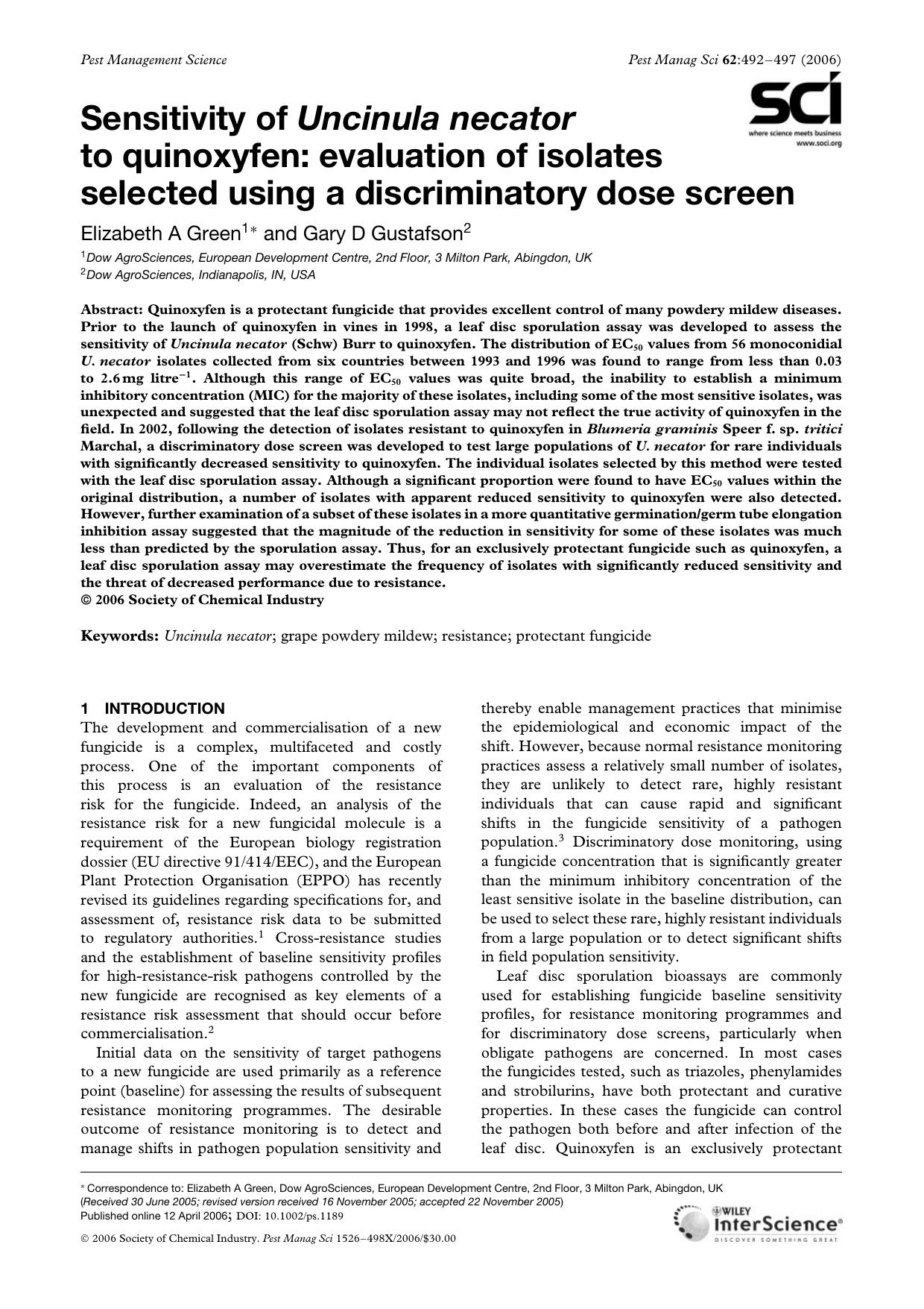 Sensitivity of Uncinula necator to quinoxyfen: evaluation of isolates selected using a discriminatory dose screen by Unknown