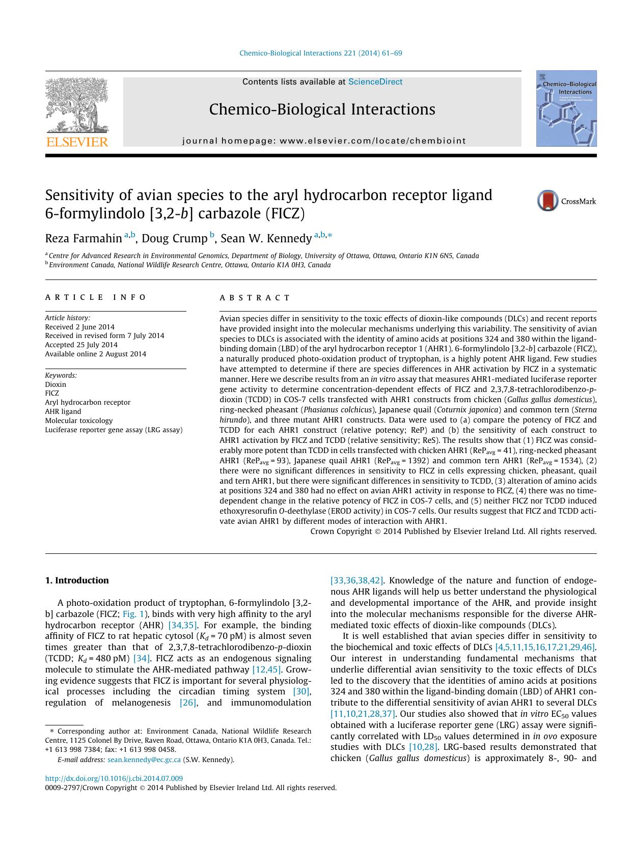 Sensitivity of avian species to the aryl hydrocarbon receptor ligand 6-formylindolo [3,2-b] carbazole (FICZ) by Reza Farmahin & Doug Crump & Sean W. Kennedy