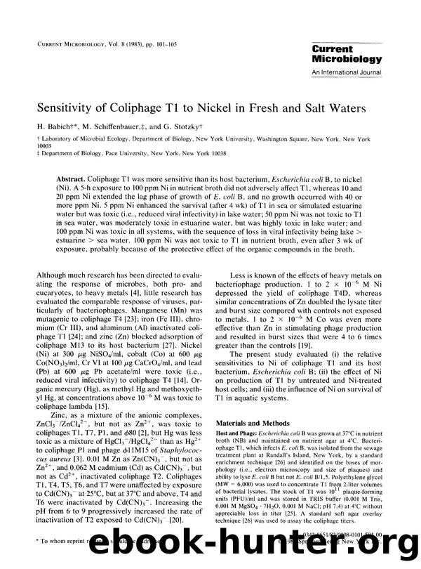 Sensitivity of coliphage T1 to nickel in fresh and salt waters by Unknown