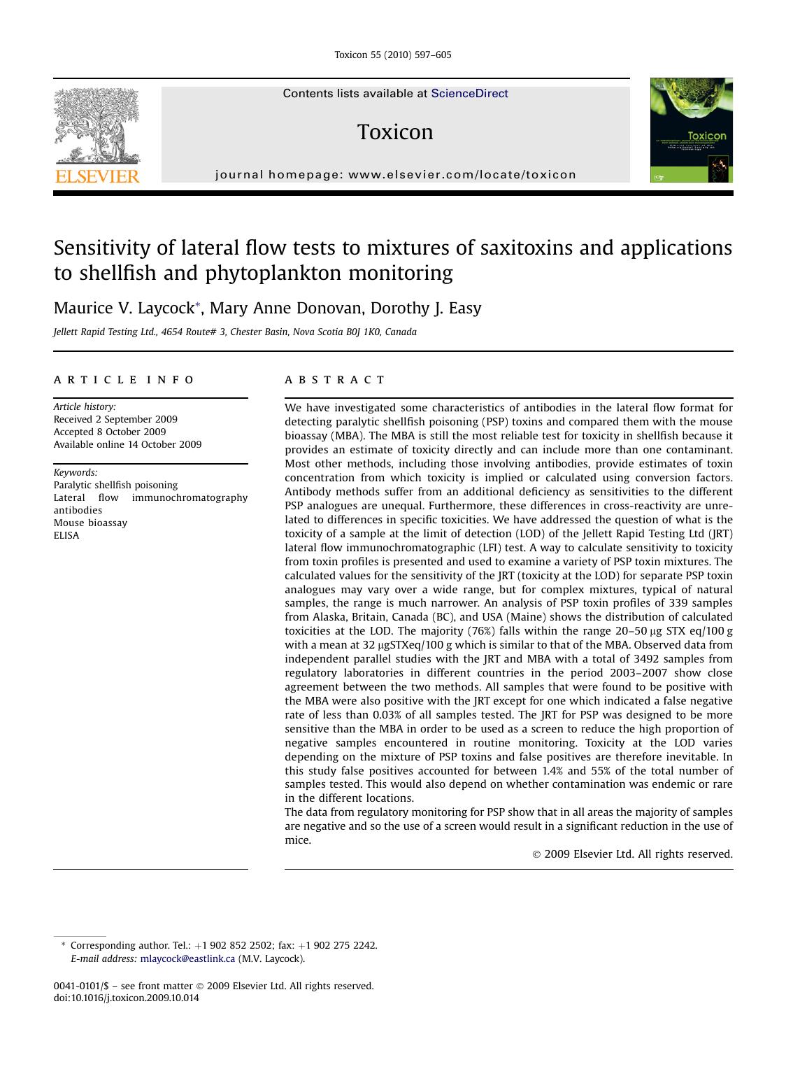 Sensitivity of lateral flow tests to mixtures of saxitoxins and applications to shellfish and phytoplankton monitoring by Maurice V. Laycock; Mary Anne Donovan; Dorothy J. Easy