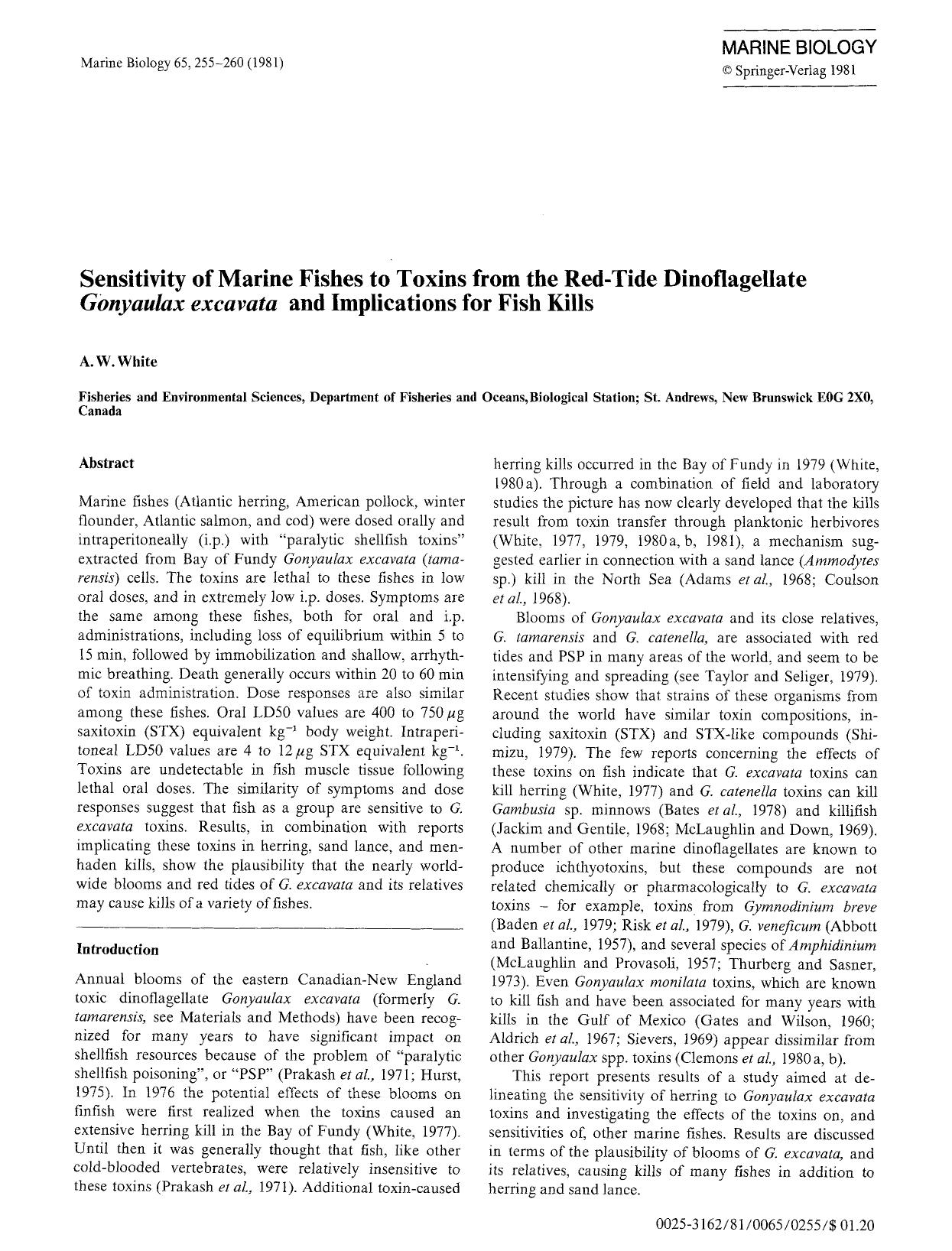 Sensitivity of marine fishes to toxins from the red-tide dinoflagellate <Emphasis Type="Italic">Gonyaulax excavata<Emphasis> and implications for fish kills by Unknown