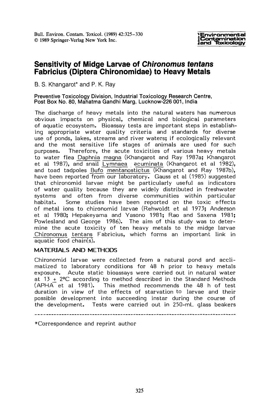 Sensitivity of midge larvae of <Emphasis Type="Italic">Chironomus tentans <Emphasis> Fabricius (Diptera chironomidae) to heavy metals by Unknown