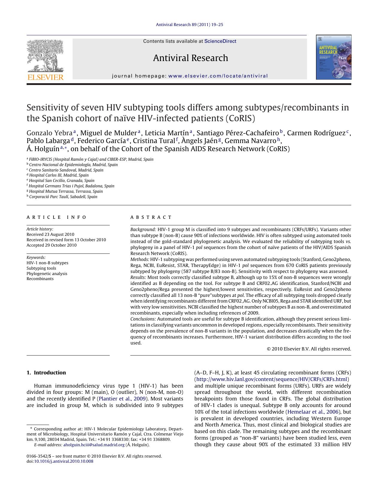 Sensitivity of seven HIV subtyping tools differs among subtypesrecombinants in the Spanish cohort of naÃÂ¯ve HIV-infected patients (CoRIS) by Gonzalo Yebra