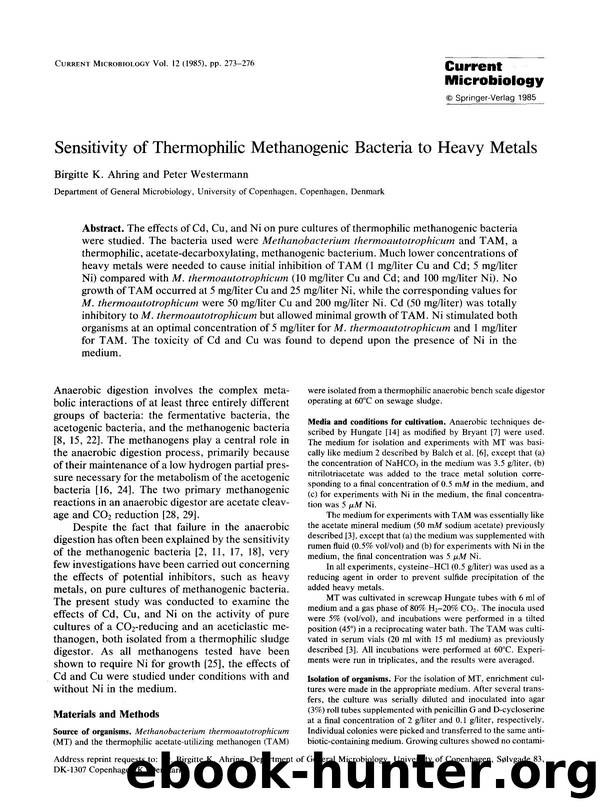Sensitivity of thermophilic methanogenic bacteria to heavy metals by Unknown