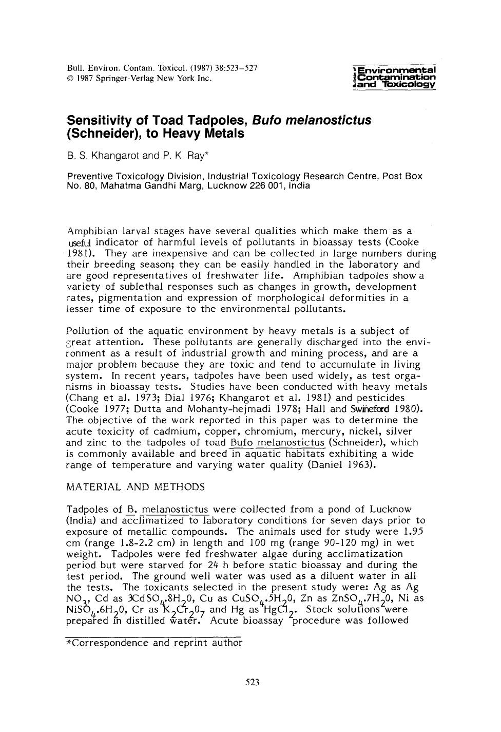 Sensitivity of toad tadpoles, <Emphasis Type="Italic">Bufo melanostictus <Emphasis> (Schneider), to heavy metals by Unknown