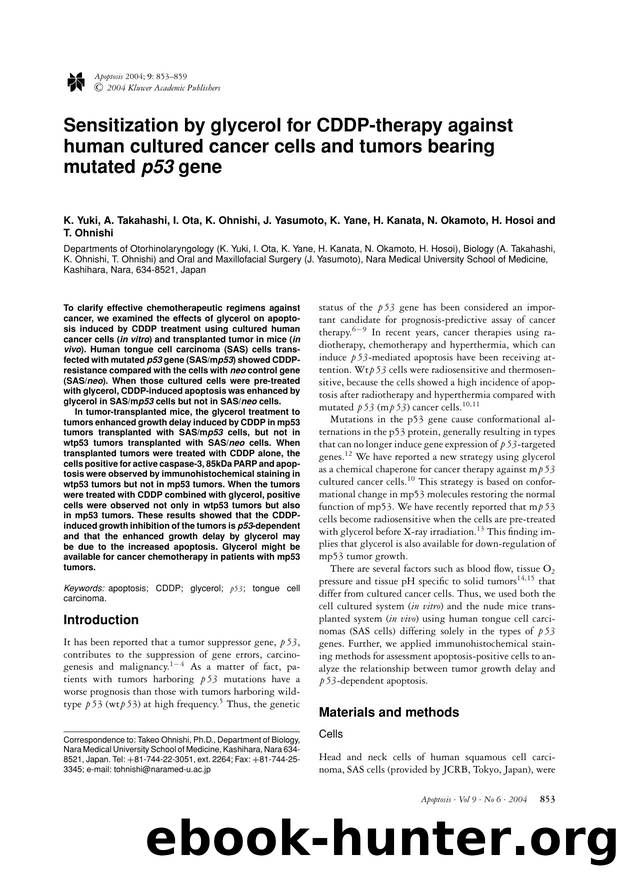 Sensitization by glycerol for CDDP-therapy against human cultured cancer cells and tumors bearing mutated <Emphasis Type="Italic">p53<Emphasis> gene by Unknown