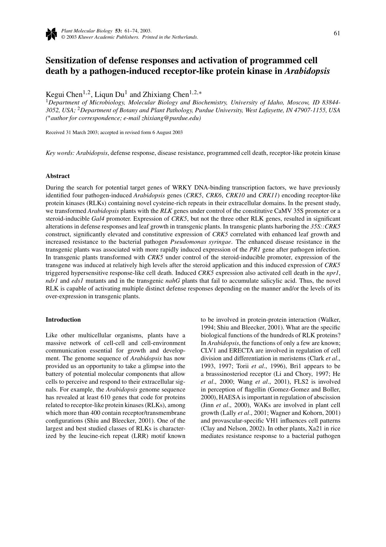 Sensitization of defense responses and activation of programmed cell death by a pathogen-induced receptor-like protein kinase in <Emphasis Type="Italic">Arabidopsis<Emphasis> by Unknown