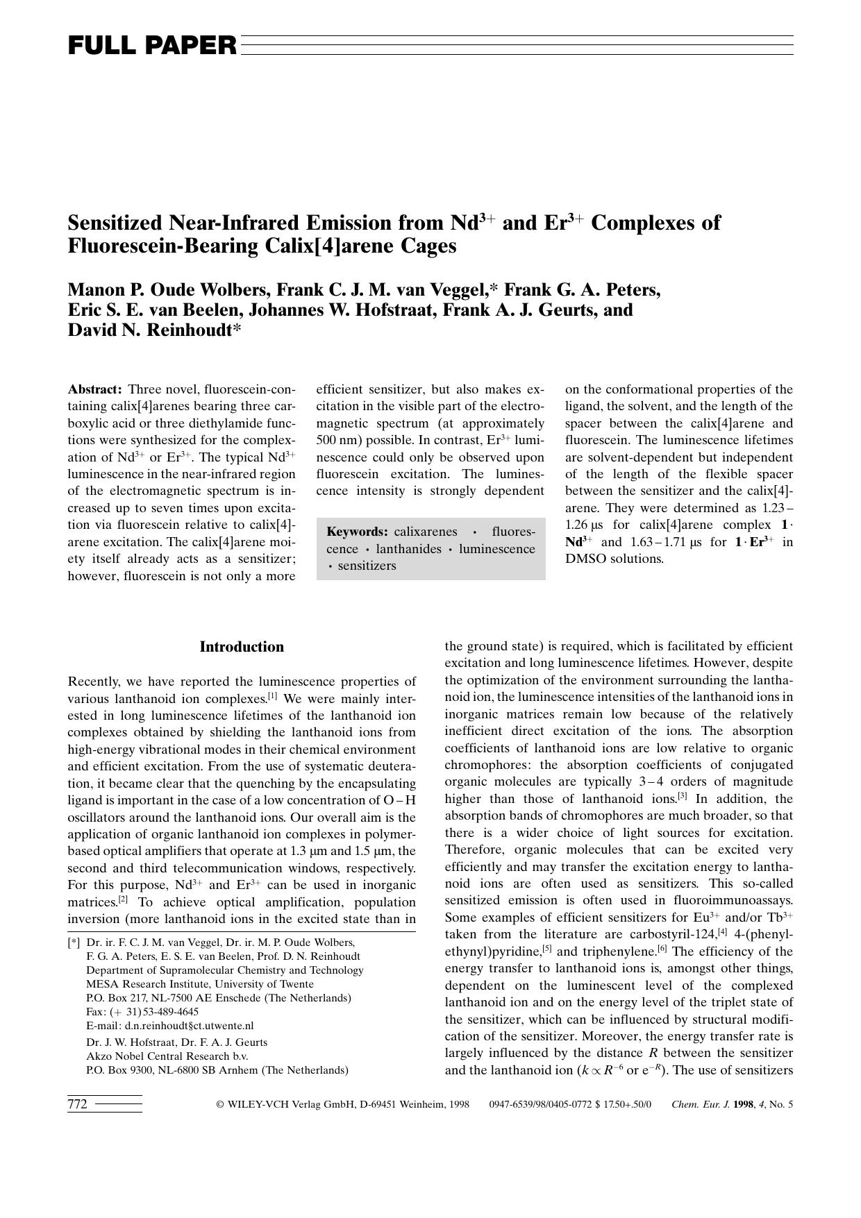 Sensitized Near-Infrared Emission from Nd3+ and Er3+ Complexes of Fluorescein-Bearing Calix[4]arene Cages by Unknown