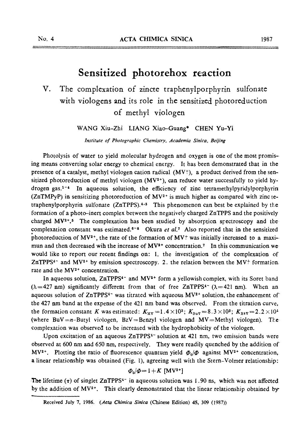 Sensitized photorehox reaction: V. The complexation of zincte traphenylporphyrin sulfonate with viologens and its role in the sensitized photoreduction of methyl viologen by Unknown