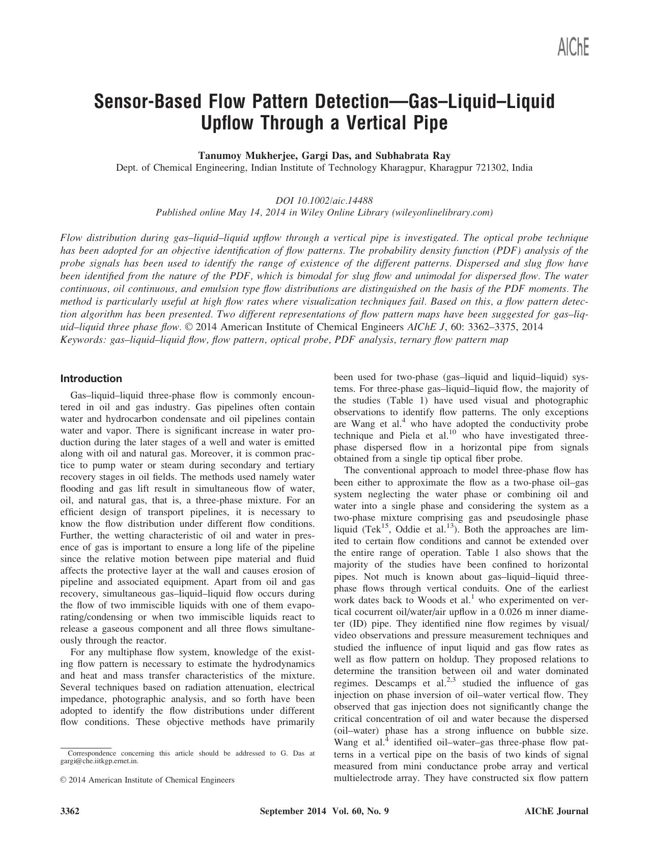 Sensorbased flow pattern detectiongasliquidliquid upflow through a vertical pipe by Unknown