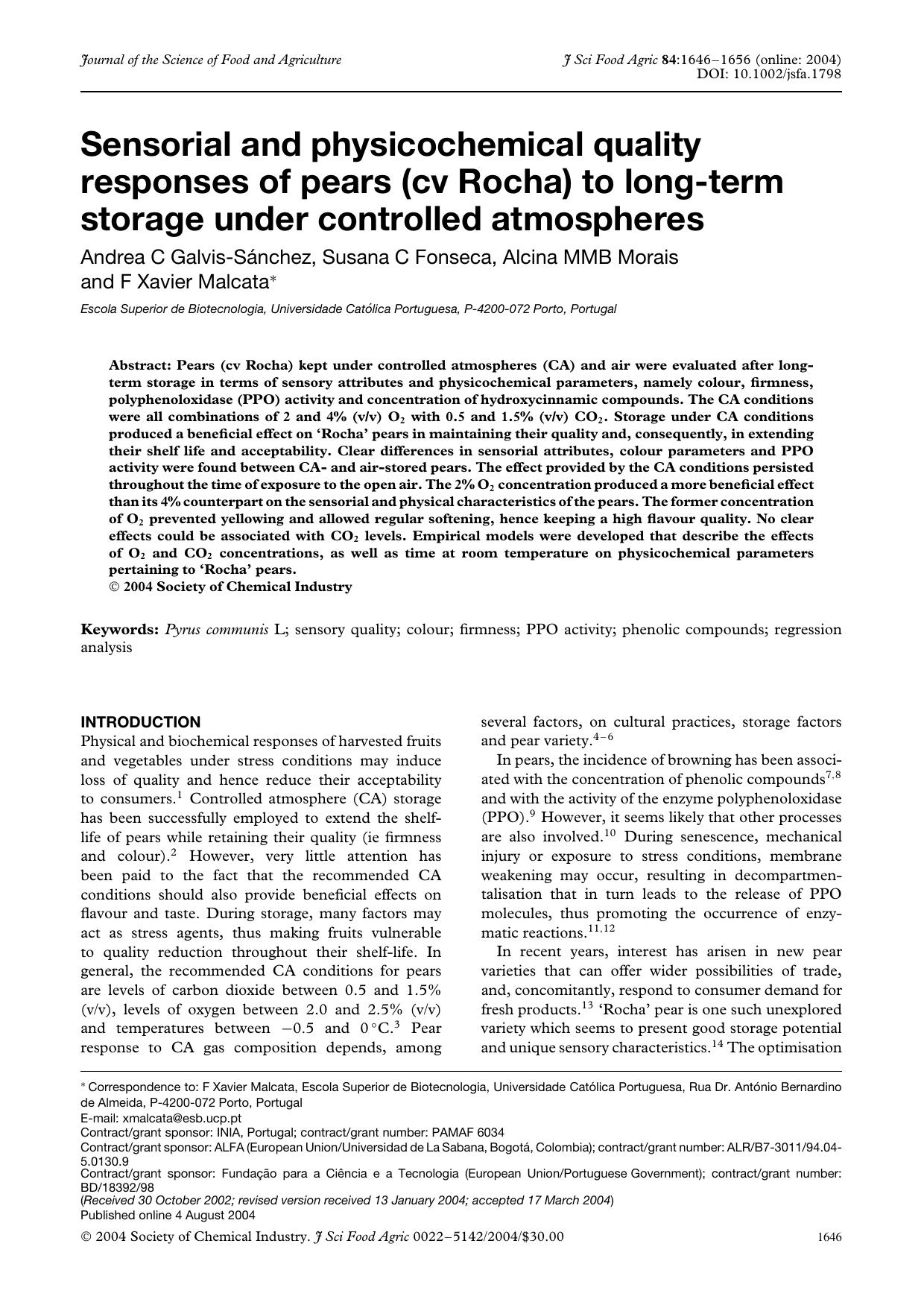 Sensorial and physicochemical quality responses of pears (cv Rocha) to long-term storage under controlled atmospheres by Unknown