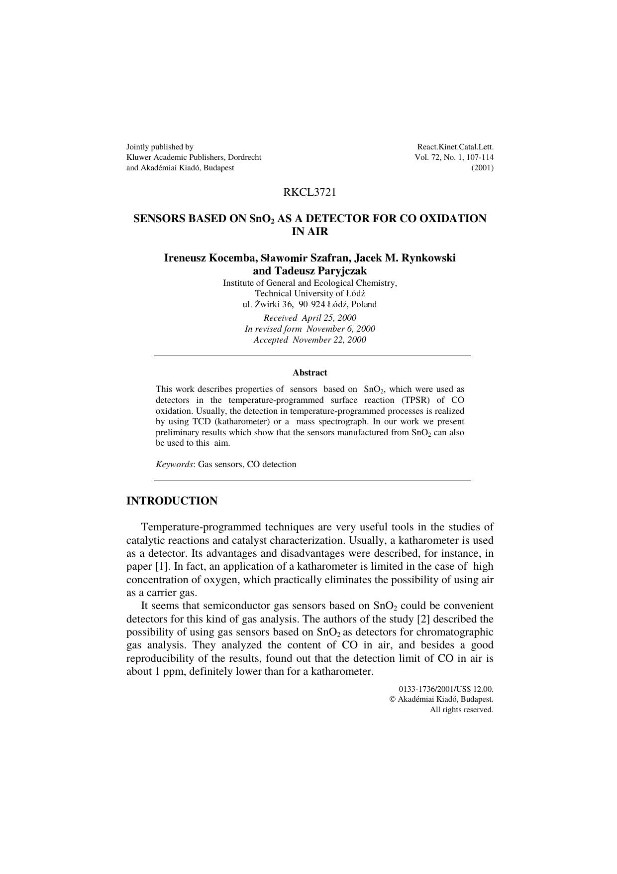 Sensors Based on SNO2 As a Detector for CO Oxidation in Air by Unknown