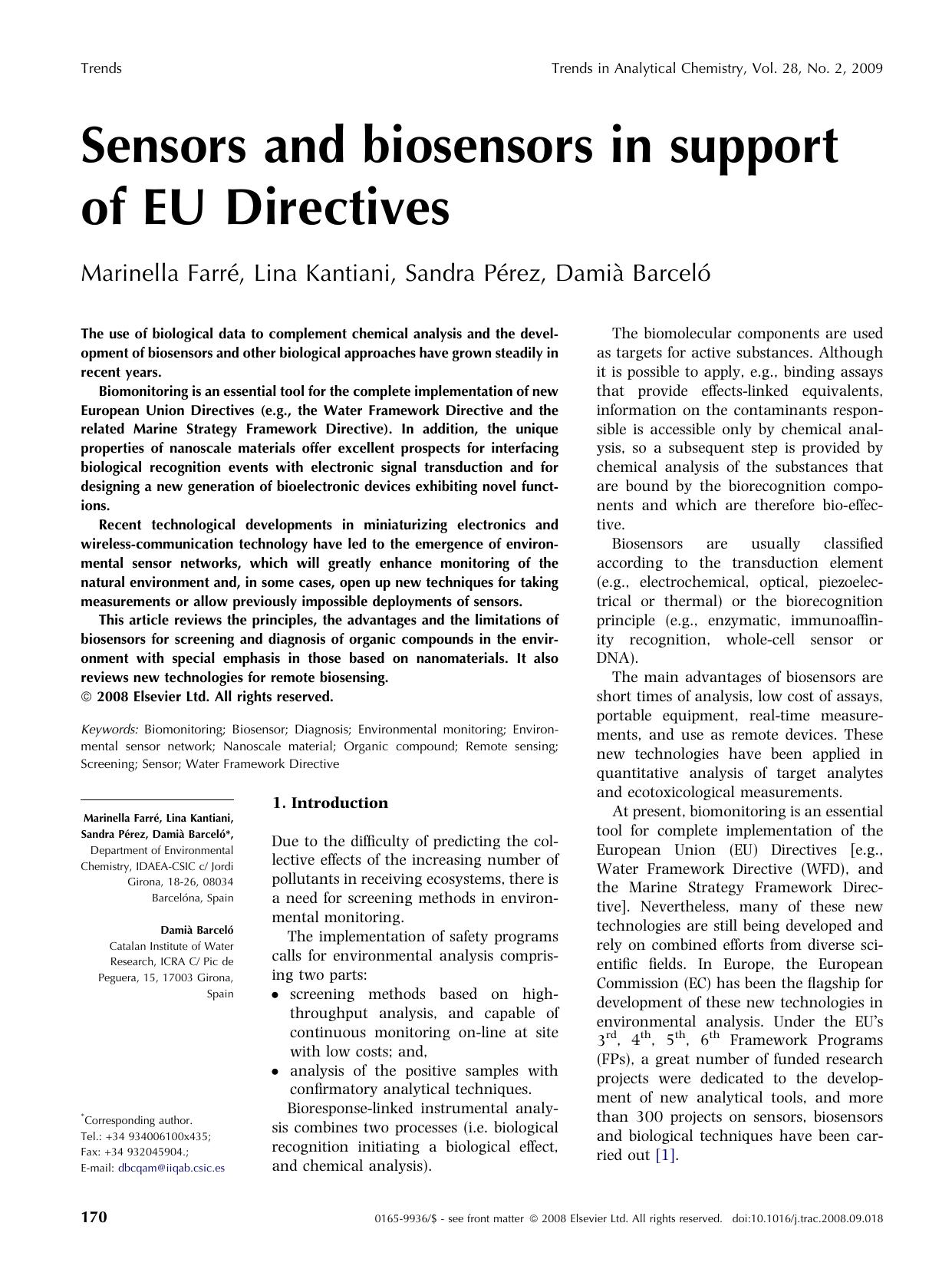 Sensors and biosensors in support of EU Directives by Marinella Farré; Lina Kantiani; Sandra Pérez; Damià Barceló; Damià Barceló