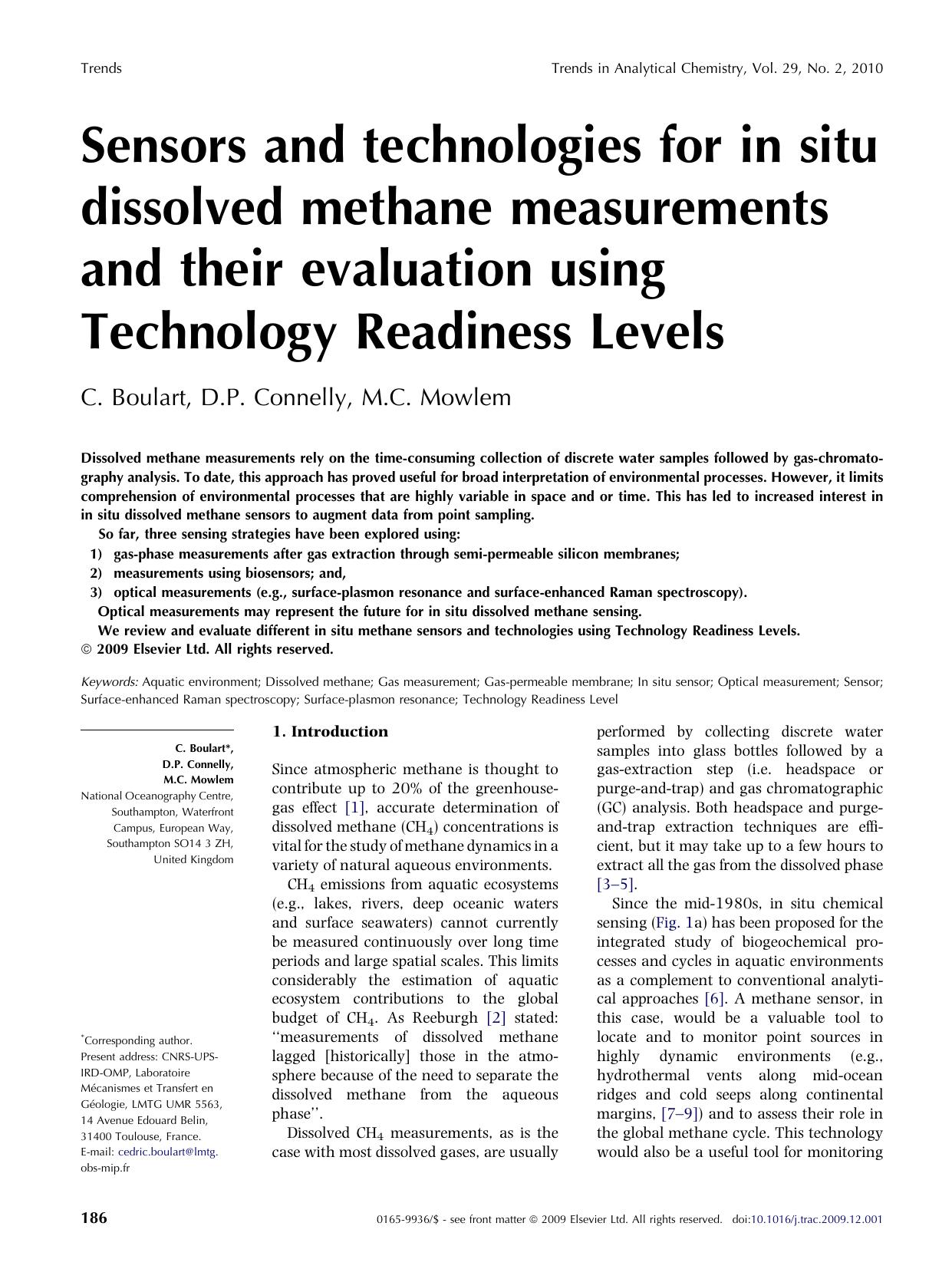 Sensors and technologies for in situ dissolved methane measurements and their evaluation using Technology Readiness Levels by C. Boulart; D.P. Connelly; M.C. Mowlem