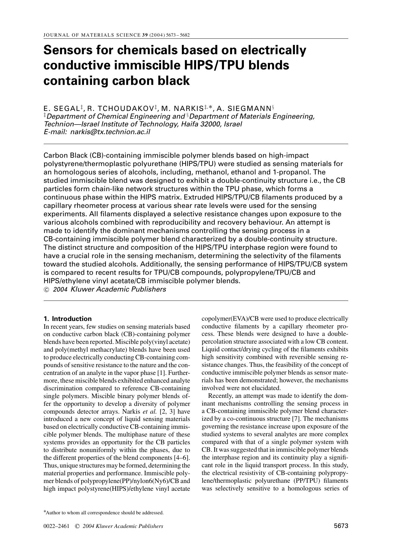 Sensors for chemicals based on electrically conductive immiscible HIPSTPU blends containing carbon black by Unknown