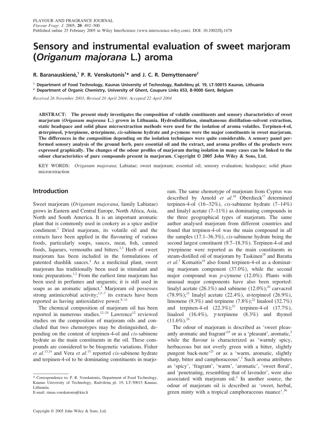 Sensory and instrumental evaluation of sweet marjoram (Origanum majorana L.) aroma by Fuht