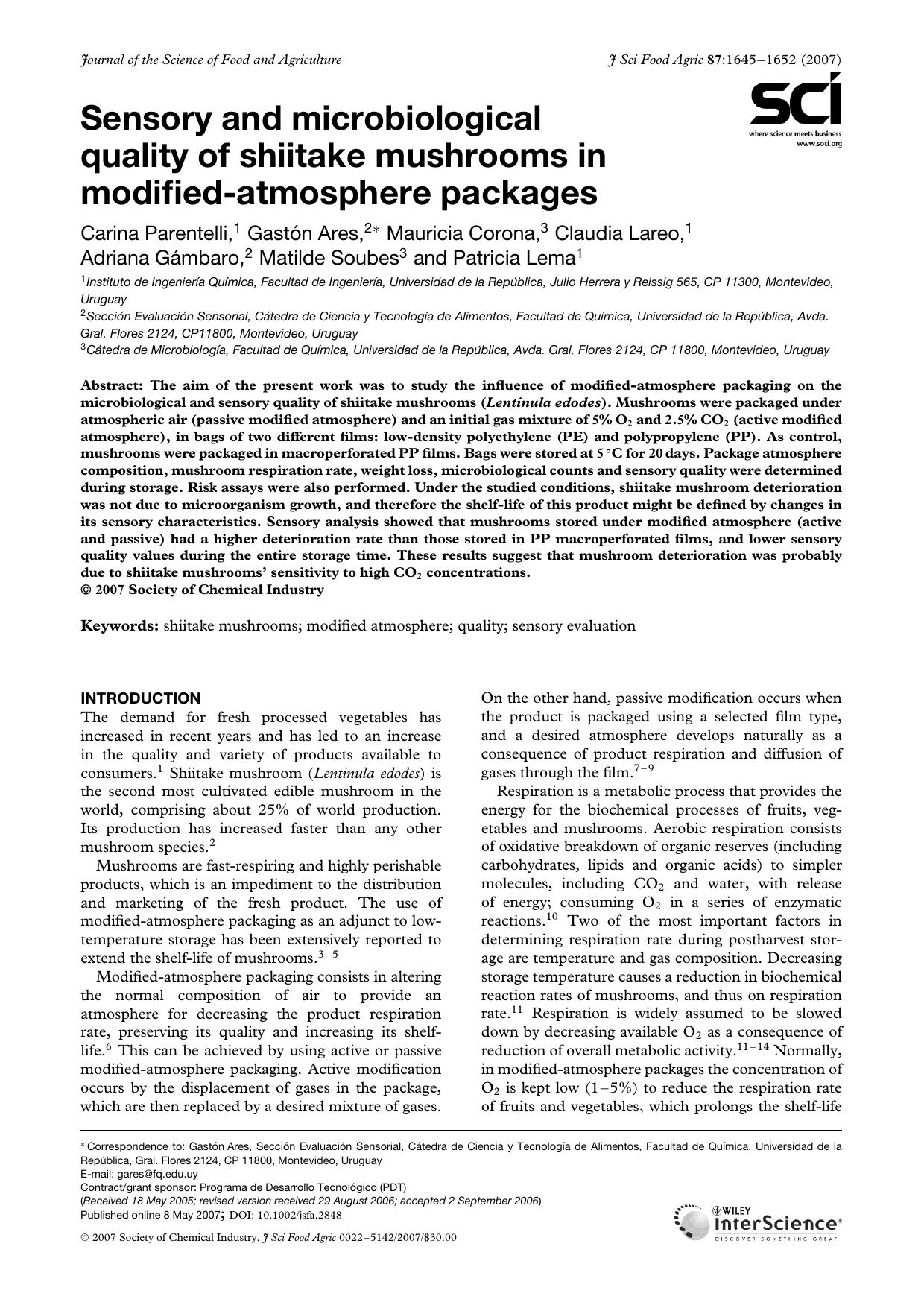 Sensory and microbiological quality of shiitake mushrooms in modified-atmosphere packages by Unknown