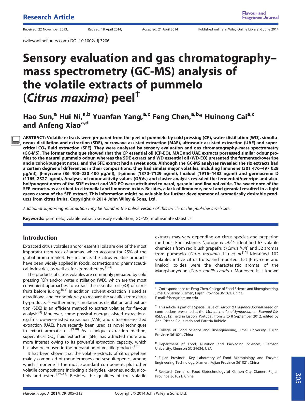 Sensory evaluation and gas chromatographyâmass spectrometry (GC-MS) analysis of the volatile extracts of pummelo (Citrus maxima) peel by Hao Sun & Hui Ni & Yuanfan Yang & Feng Chen & Huinong Cai & Anfeng Xiao