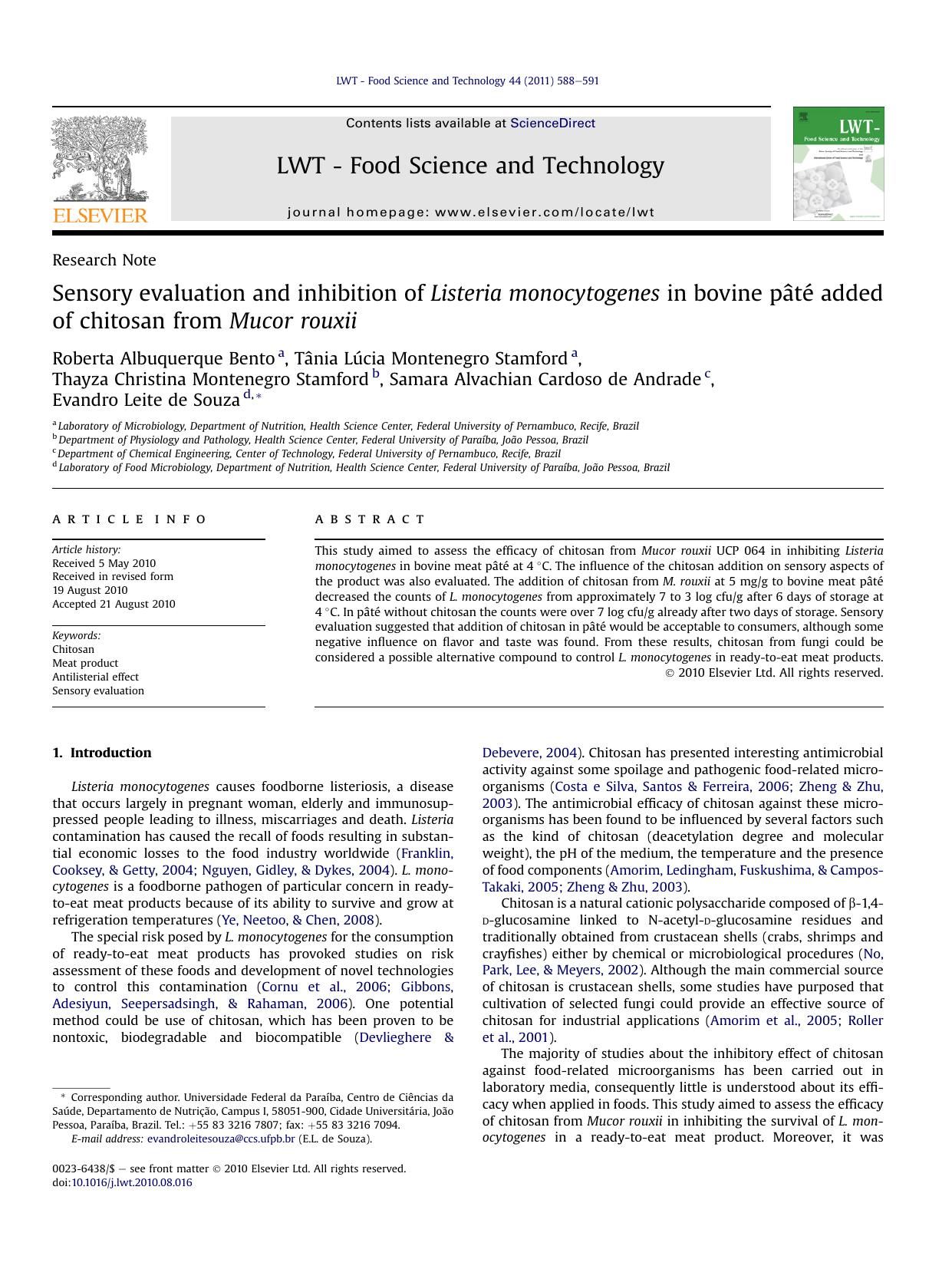 Sensory evaluation and inhibition of Listeria monocytogenes in bovine pAtE added of chitosan from Mucor rouxii by unknow