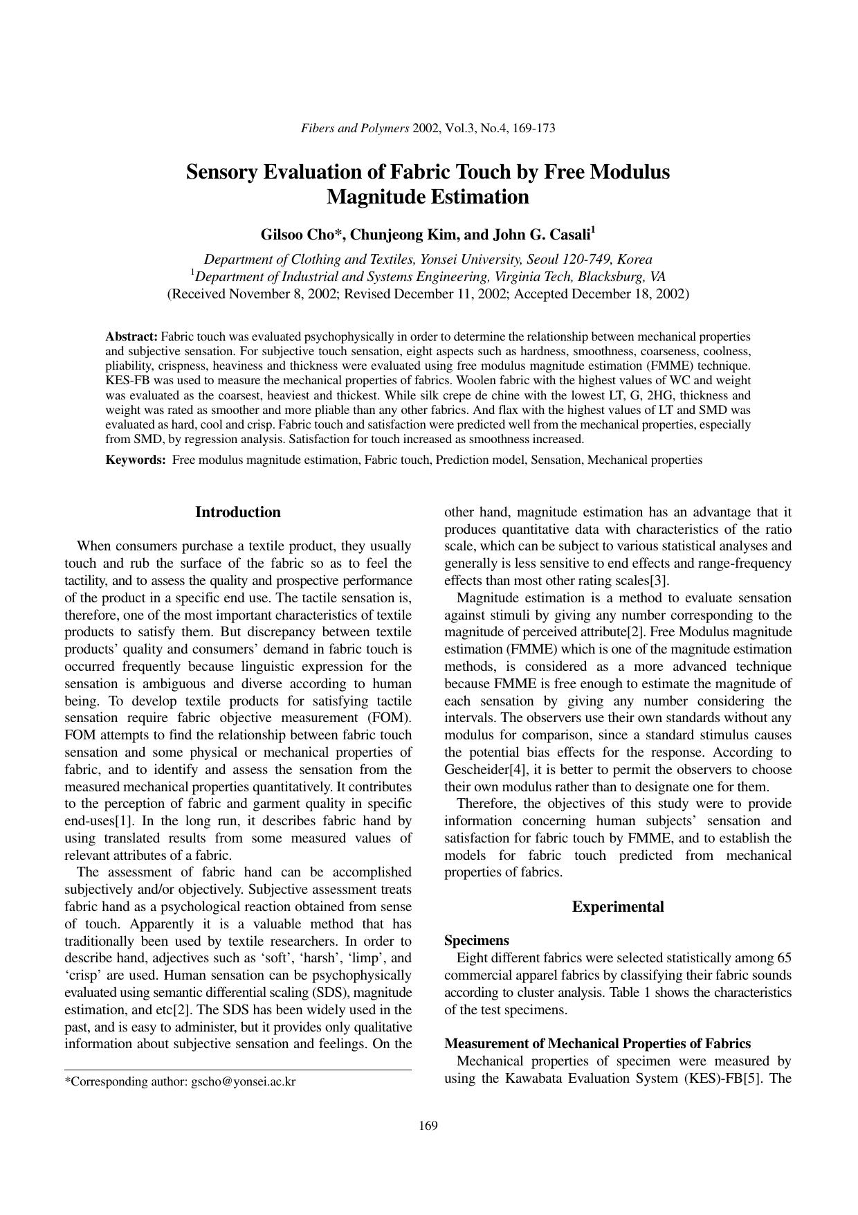Sensory evaluation of fabric touch by free modulus magnitude estimation by Unknown