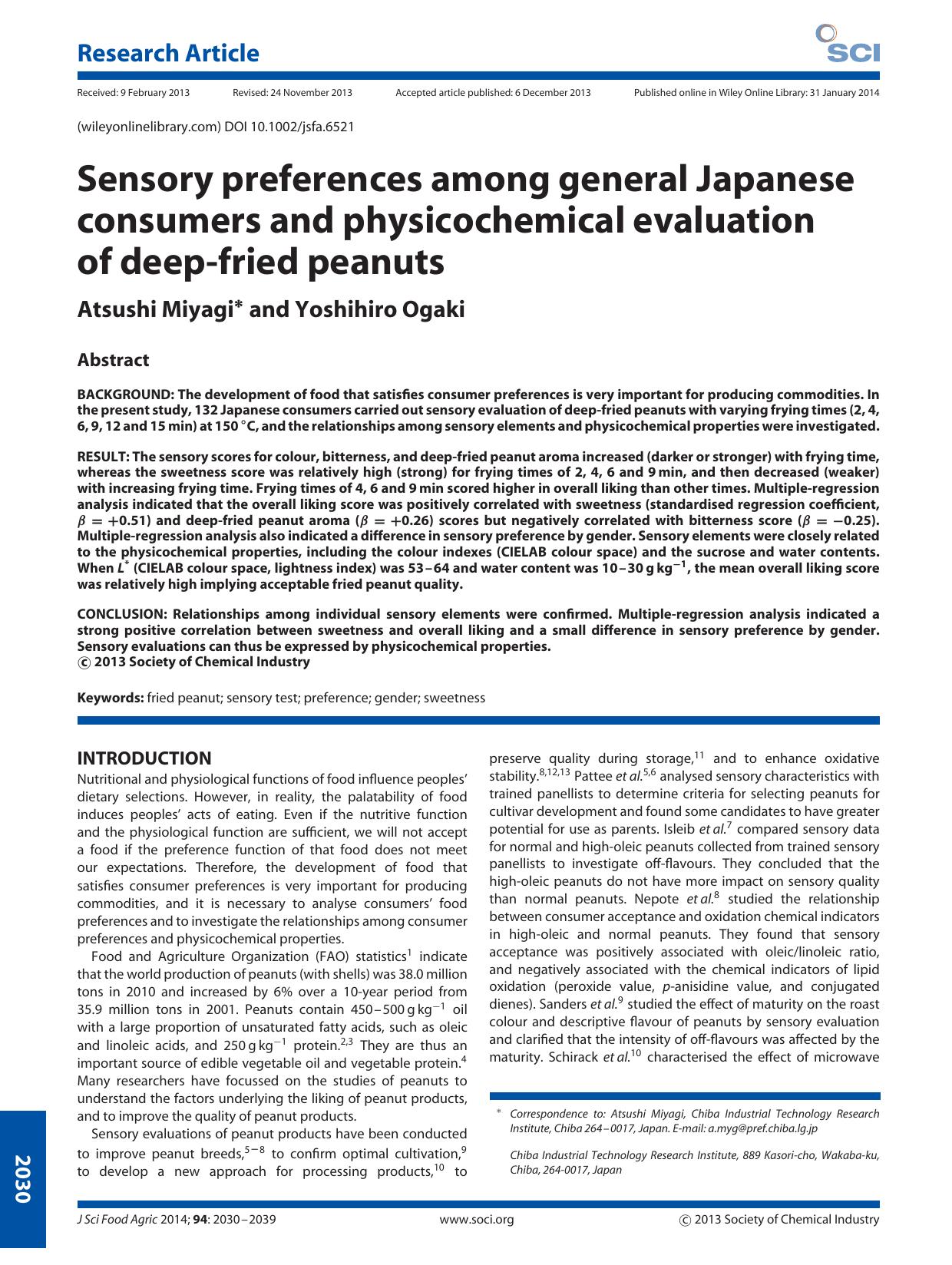 Sensory preferences among general Japanese consumers and physicochemical evaluation of deepfried peanuts by Unknown