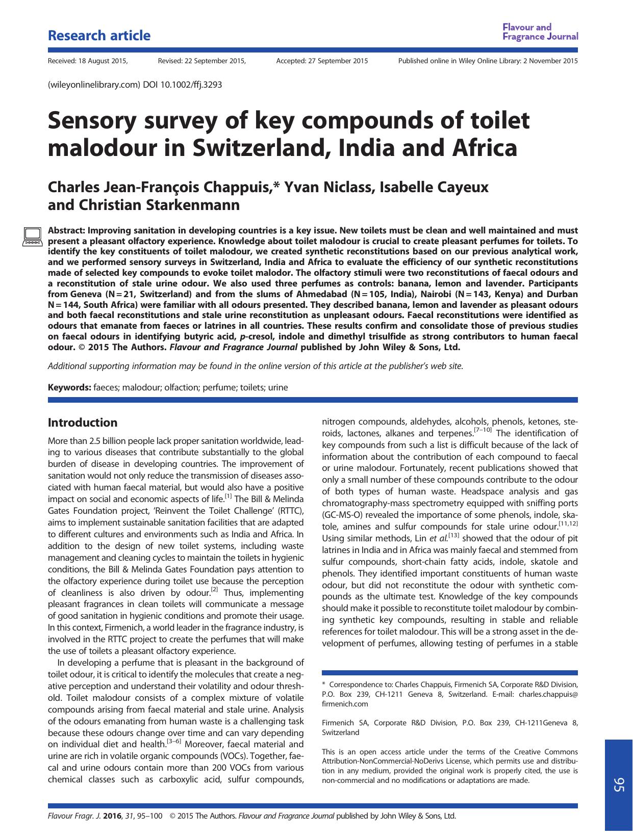 Sensory survey of key compounds of toilet malodour in Switzerland, India and Africa by Charles Jean-François Chappuis Yvan Niclass Isabelle Cayeux Christian Starkenmann