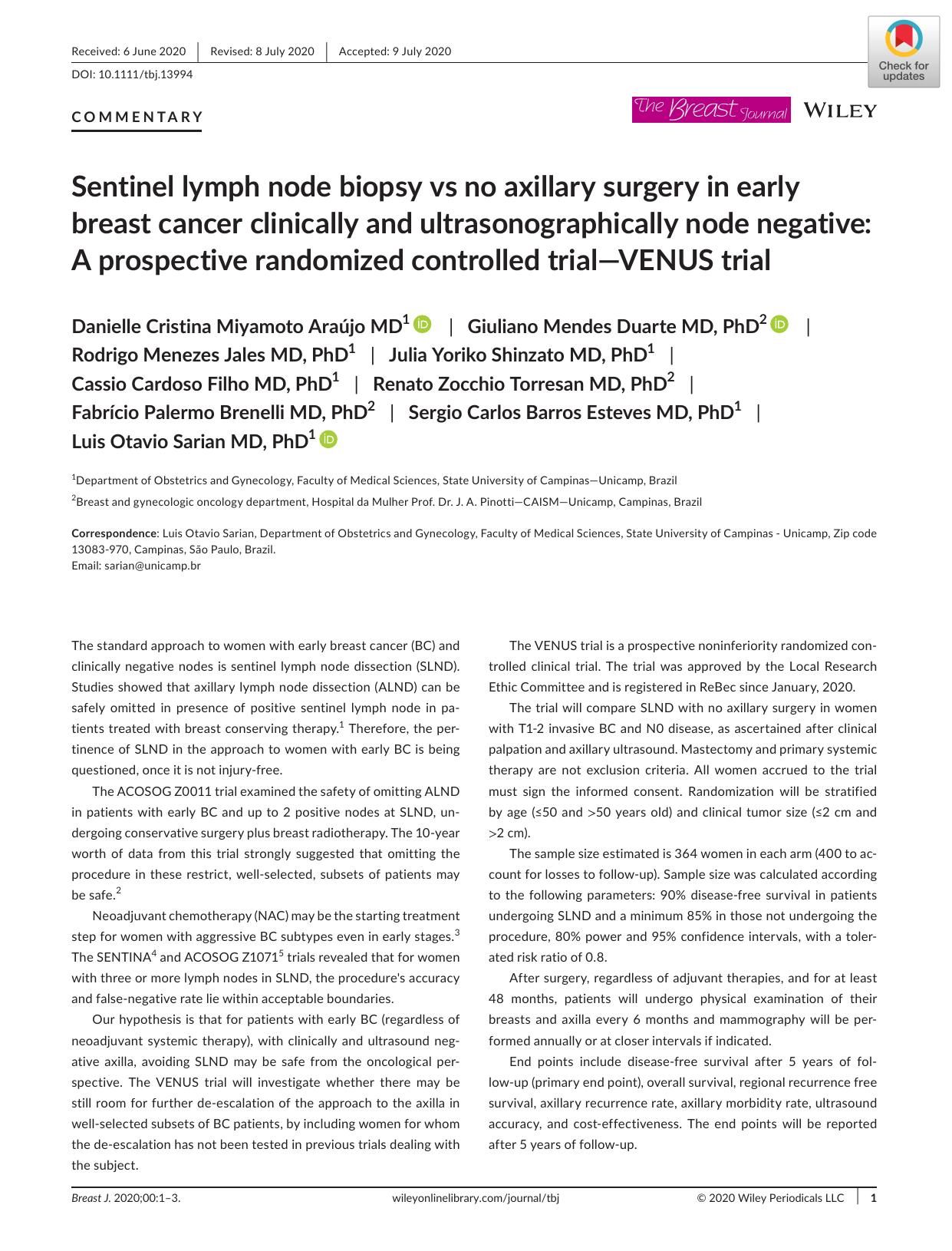 Sentinel lymph node biopsy vs no axillary surgery in early breast cancer clinically and ultrasonographically node negative: A prospective randomized controlled trialâVENUS trial by Unknown