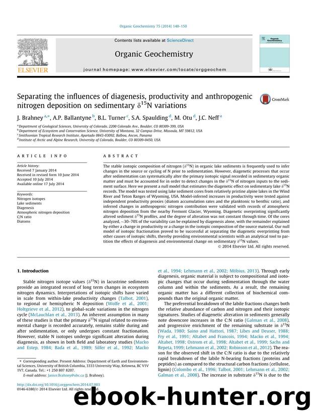 Separating the influences of diagenesis, productivity and anthropogenic nitrogen deposition on sedimentary ÃÂ´15N variations by J. Brahney & A.P. Ballantyne & B.L. Turner & S.A. Spaulding & M. Otu & J.C. Neff