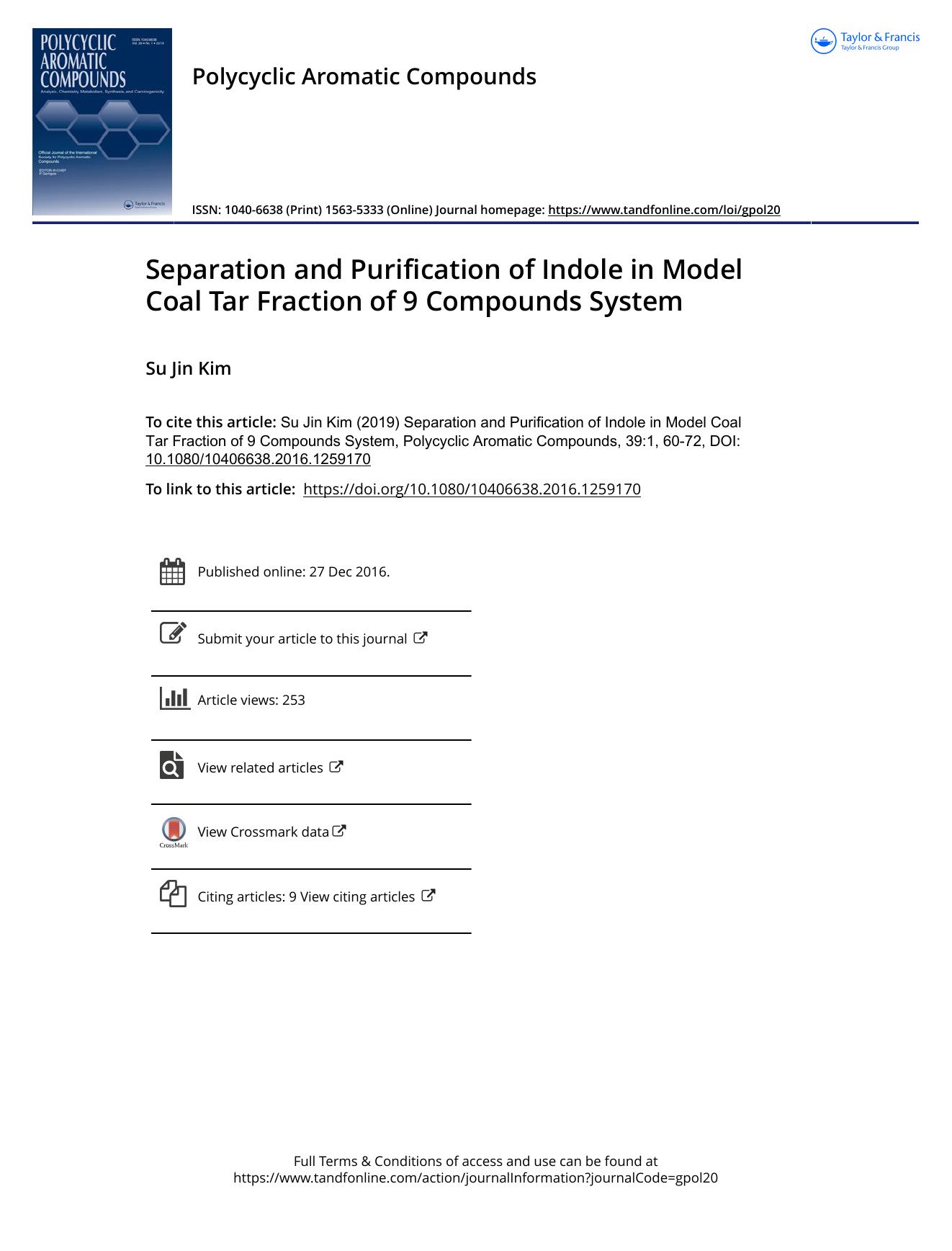 Separation and Purification of Indole in Model Coal Tar Fraction of 9 Compounds System by Su Jin Kim
