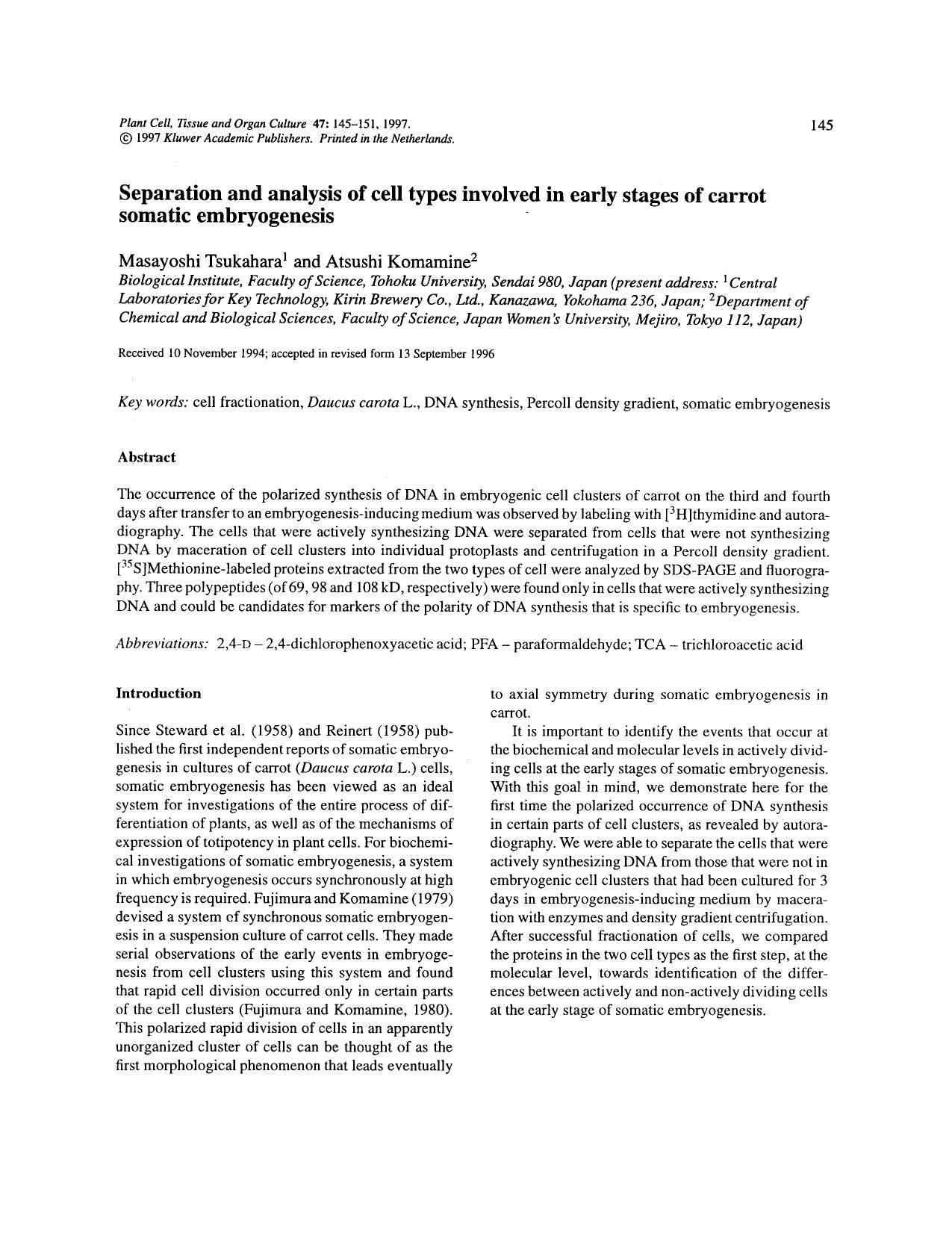 Separation and analysis of cell types involved in early stages of carrot somatic embryogenesis by Unknown