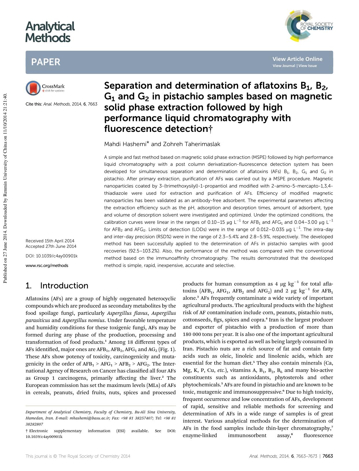 Separation and determination of aflatoxins B1, B2, G1 and G2 in pistachio samples based on magnetic solid phase extraction followed by high performance liquid chromatography with f by Mahdi Hashemi & Zohreh Taherimaslak