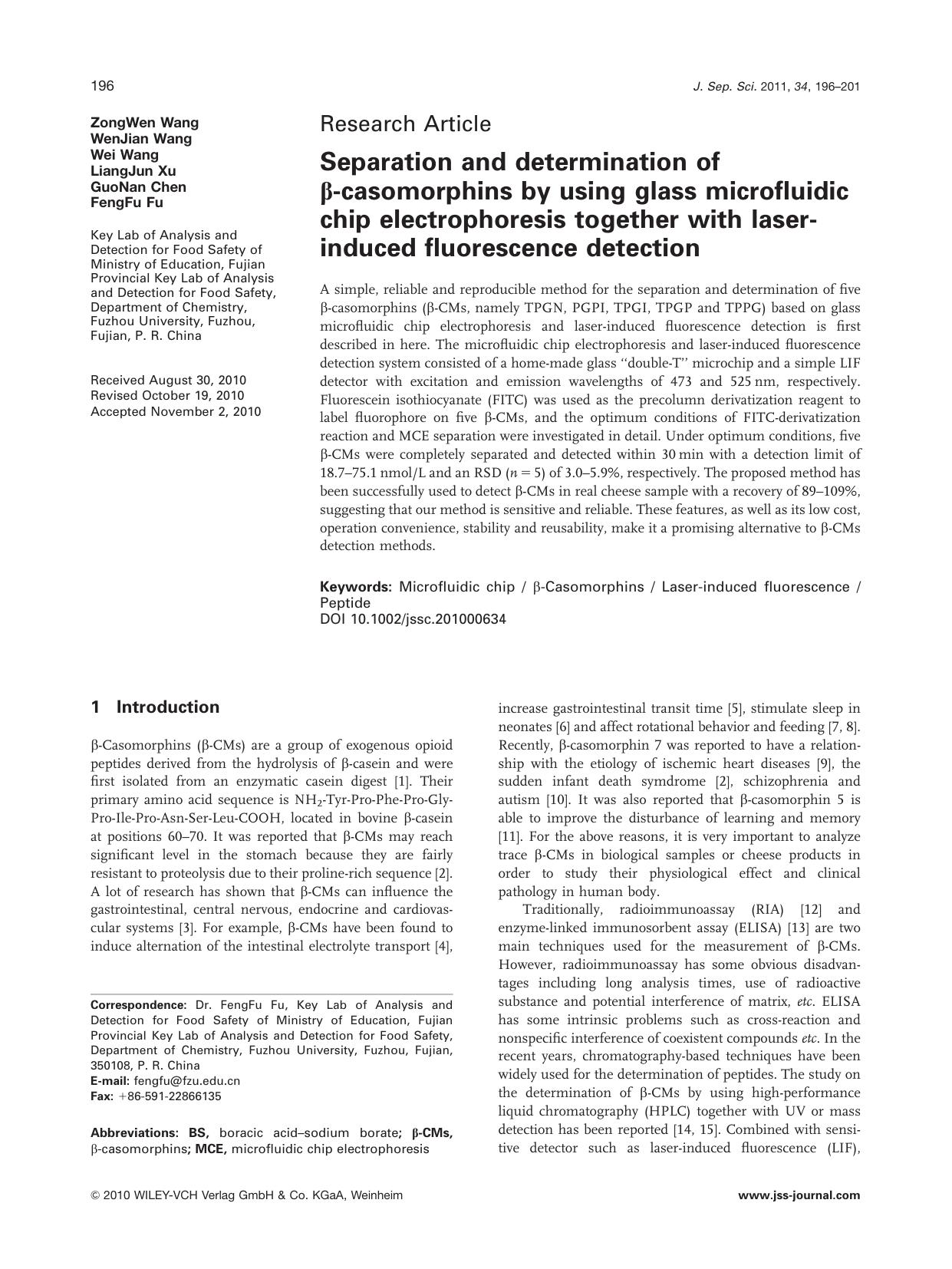 Separation and determination of casomorphins by using glass microfluidic chip electrophoresis together with laserinduced fluorescence detection by Unknown