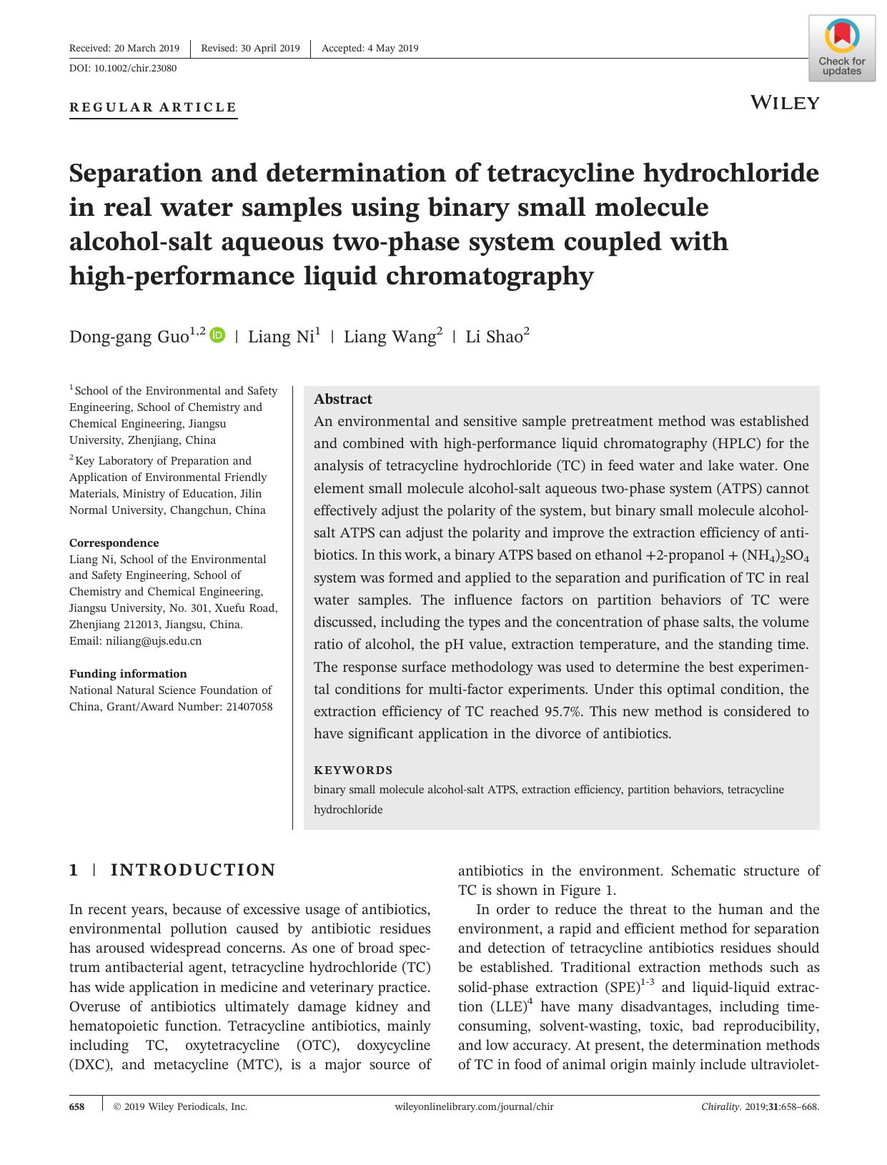Separation and determination of tetracycline hydrochloride in real water samples using binary small molecule alcoholâsalt aqueous twoâphase system coupled with highâperforman by Dong-gang Guo Liang Ni Liang Wang Li Shao