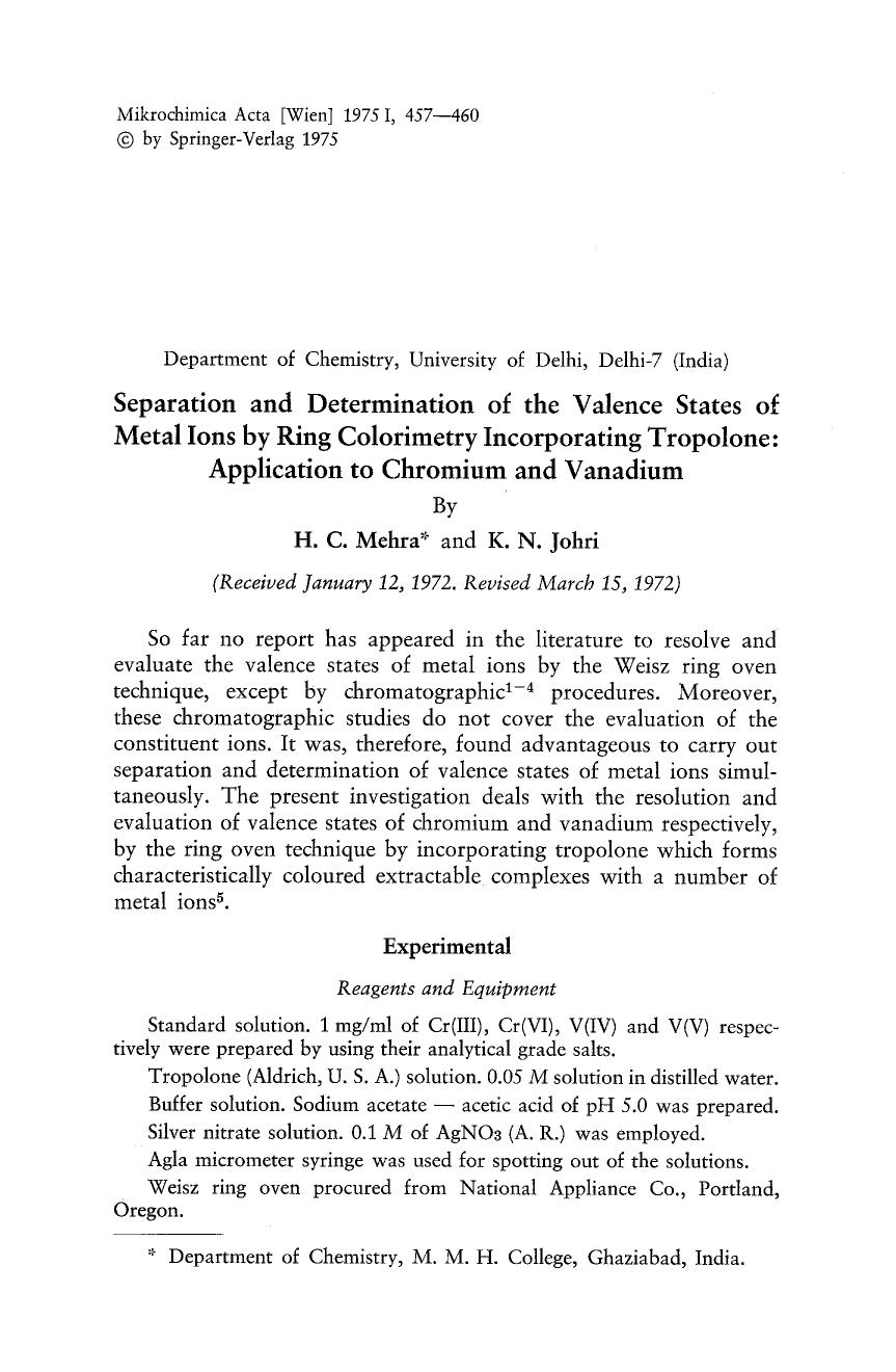 Separation and determination of the valence states of metal ions by ring colorimetry incorporating tropolone: Application to chromium and vanadium by Unknown