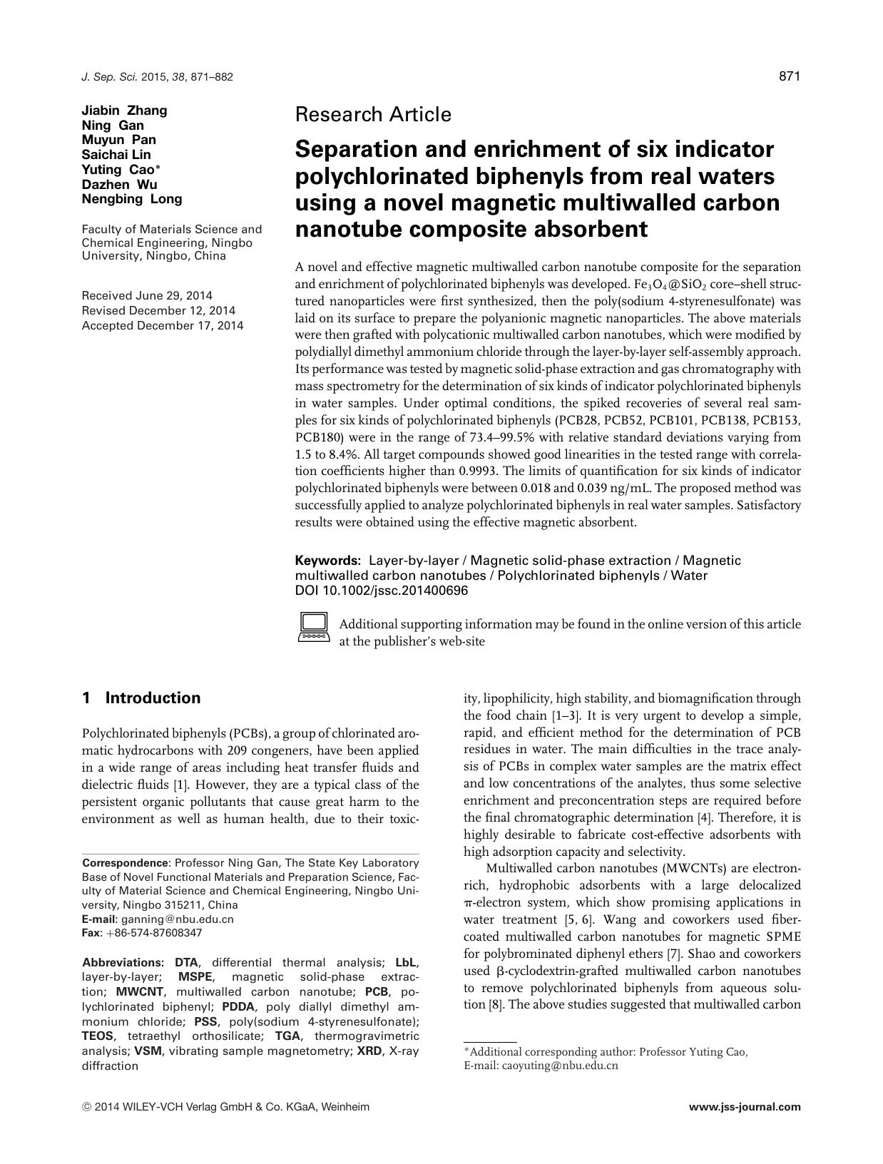 Separation and enrichment of six indicator polychlorinated biphenyls from real waters using a novel magnetic multiwalled carbon nanotube composite absorbent by Unknown